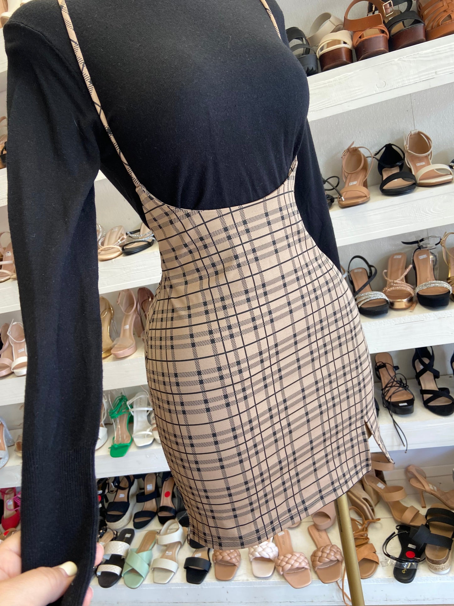 Camel Plaid Overall Skirt