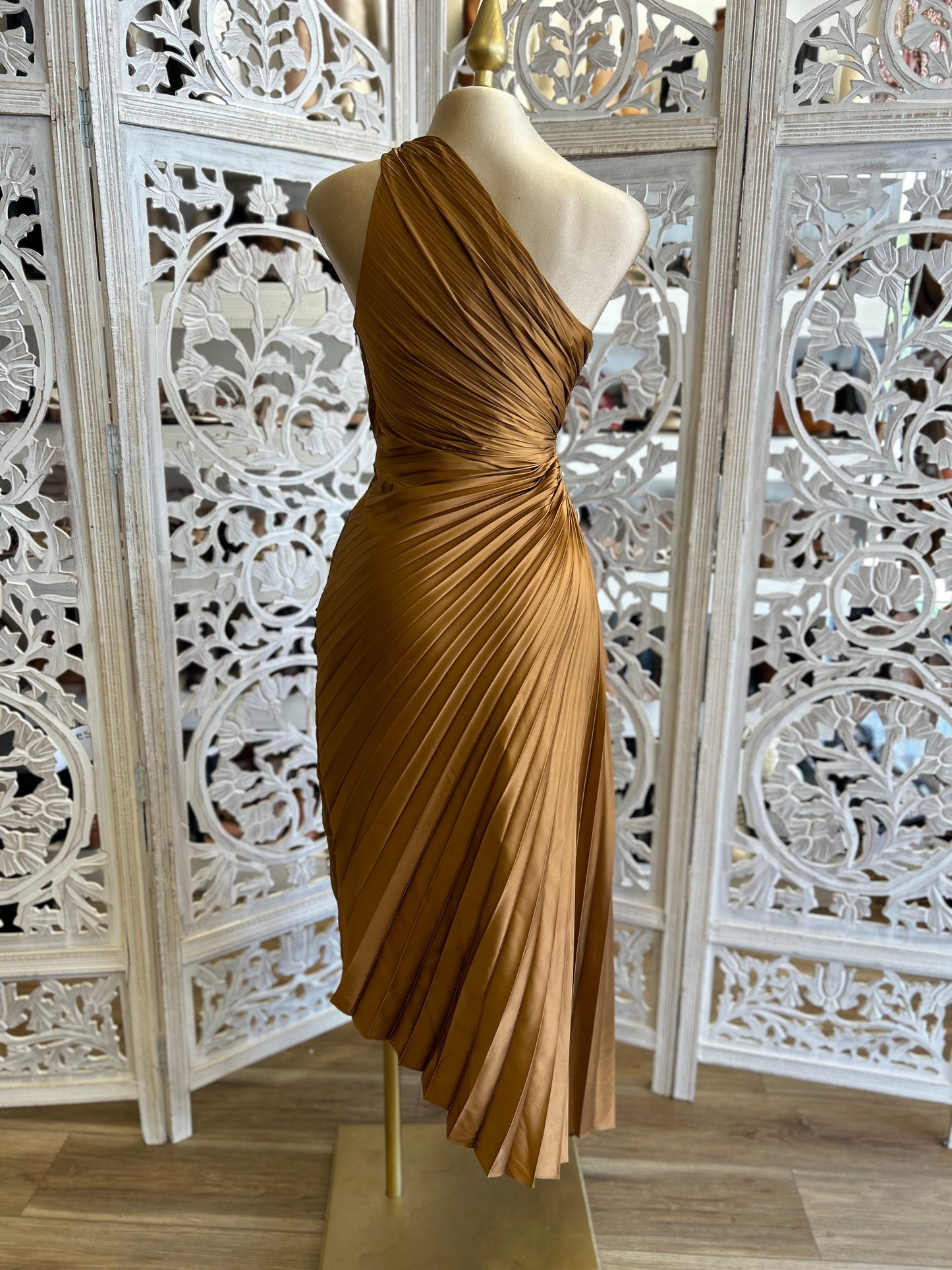 Pleated Cutout Bronze Dress- Not Stretchy