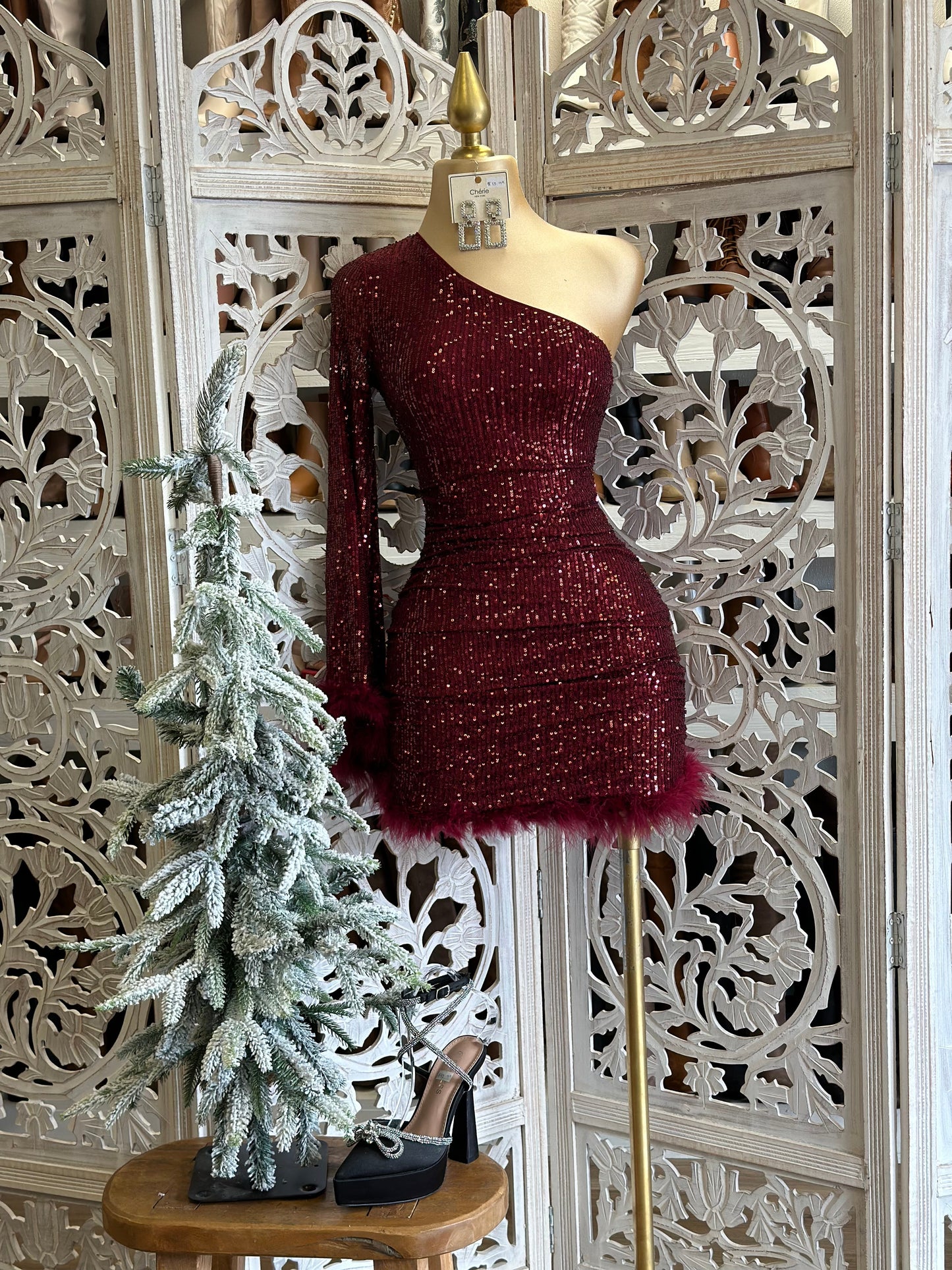 Burgundy Sequin Feathered Dress