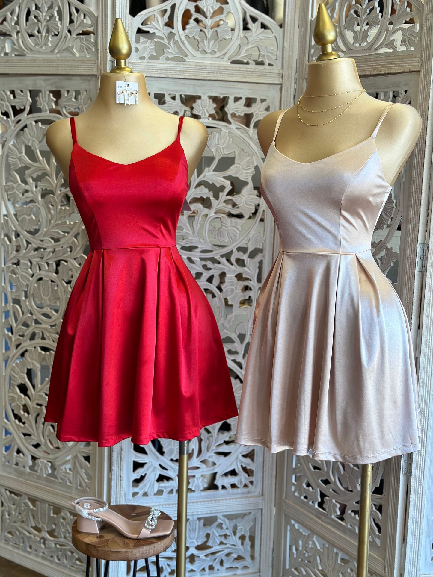 Satin Strappy Fit and Flare Dress-Stretchy