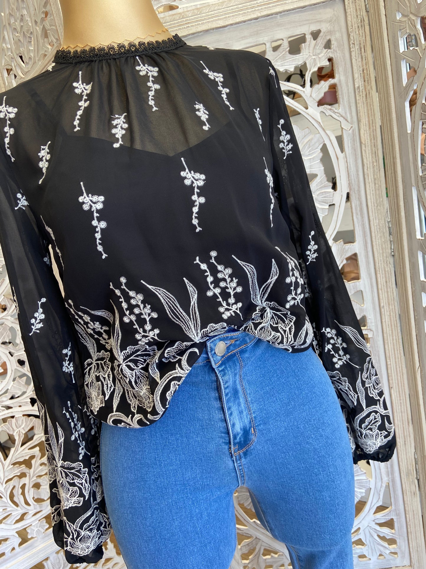 Black High Neck Embroidered Blouse