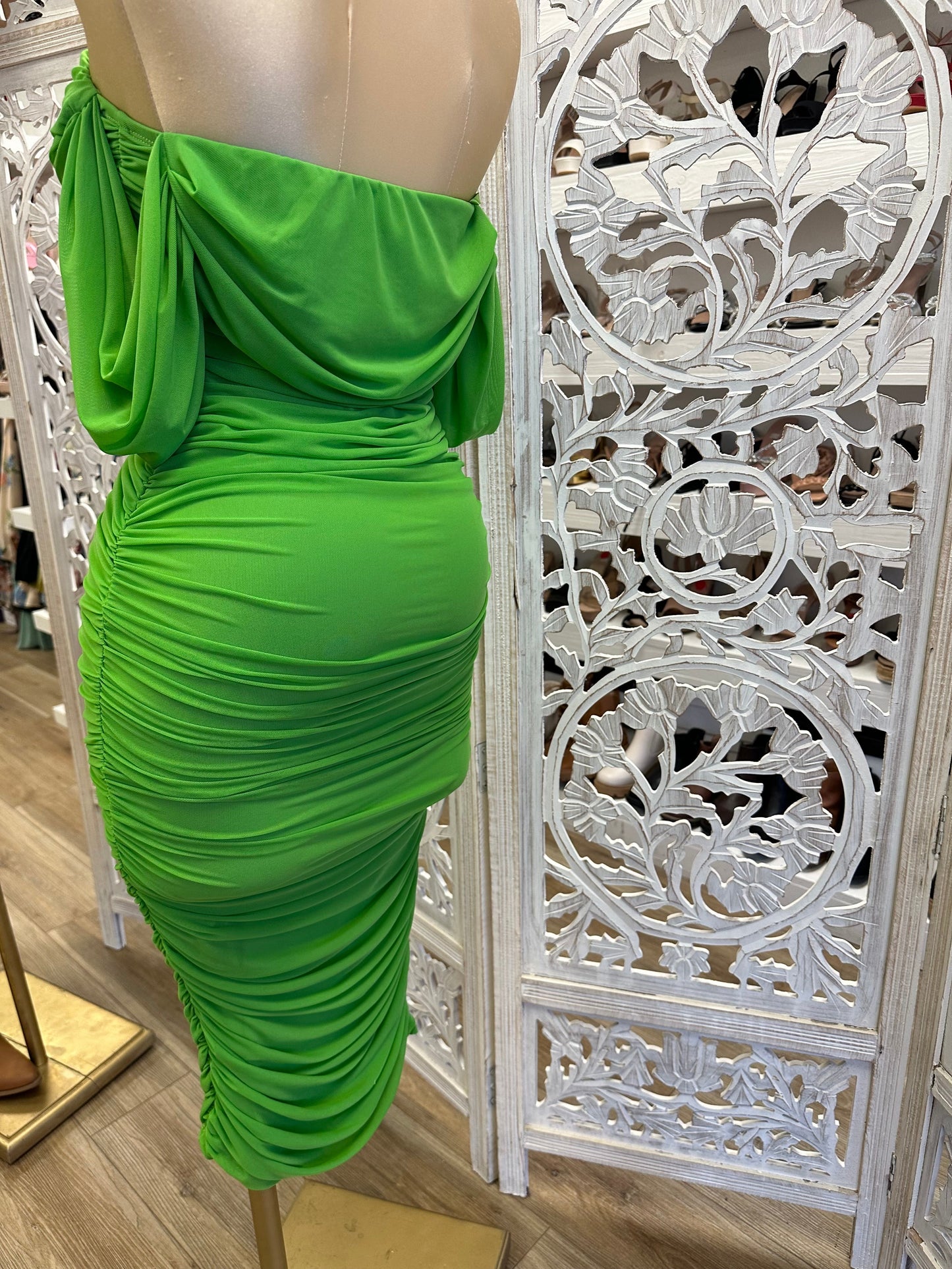 Green Midi Off Shoulder Ruched Dress- Stretchy