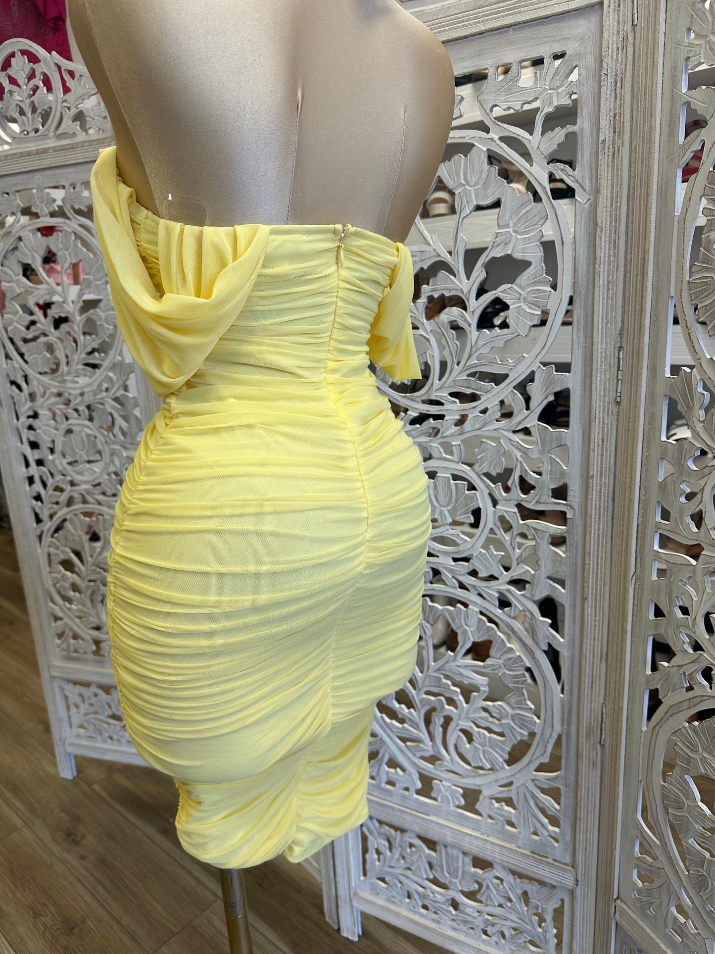 Light Yellow Off Shoulder Ruched Midi Dress- Stretchy