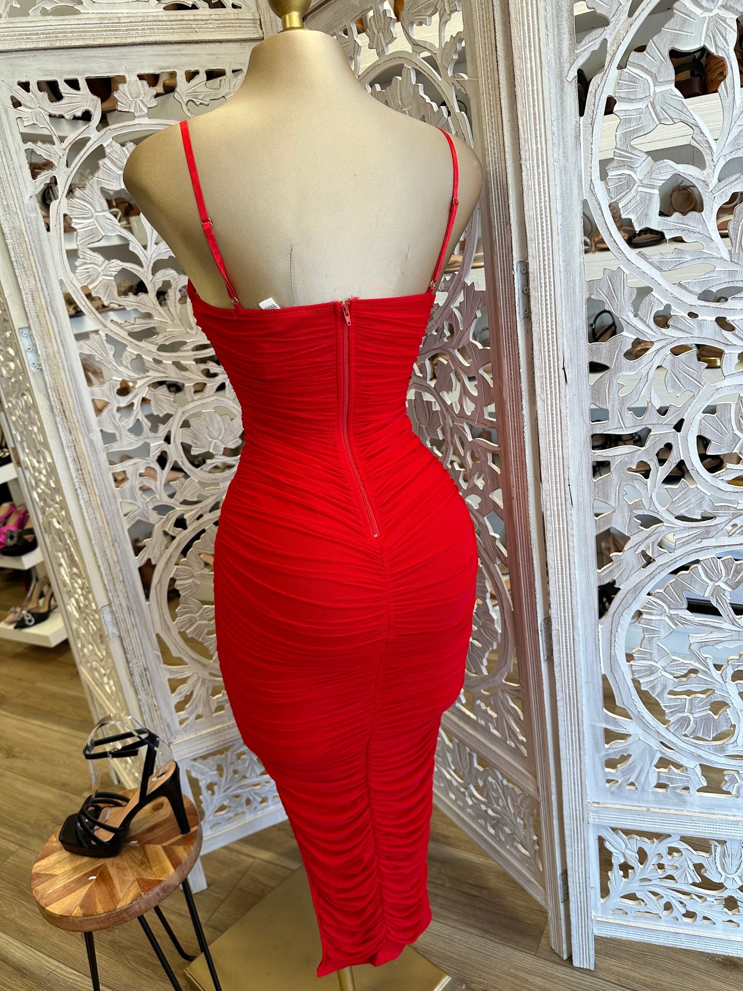 Cherry Red Midi Ruched Dress