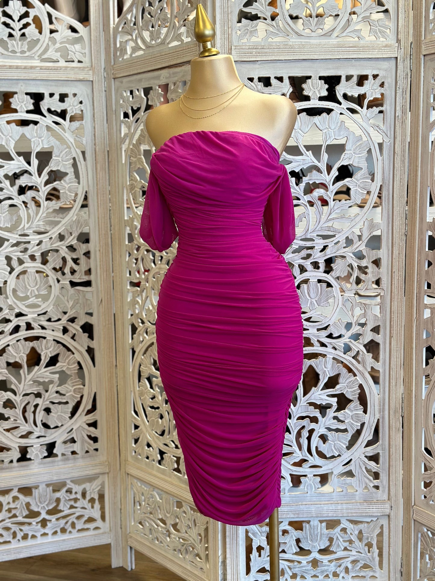 Magenta Off Shoulder Midi Ruched Dress- Stretchy