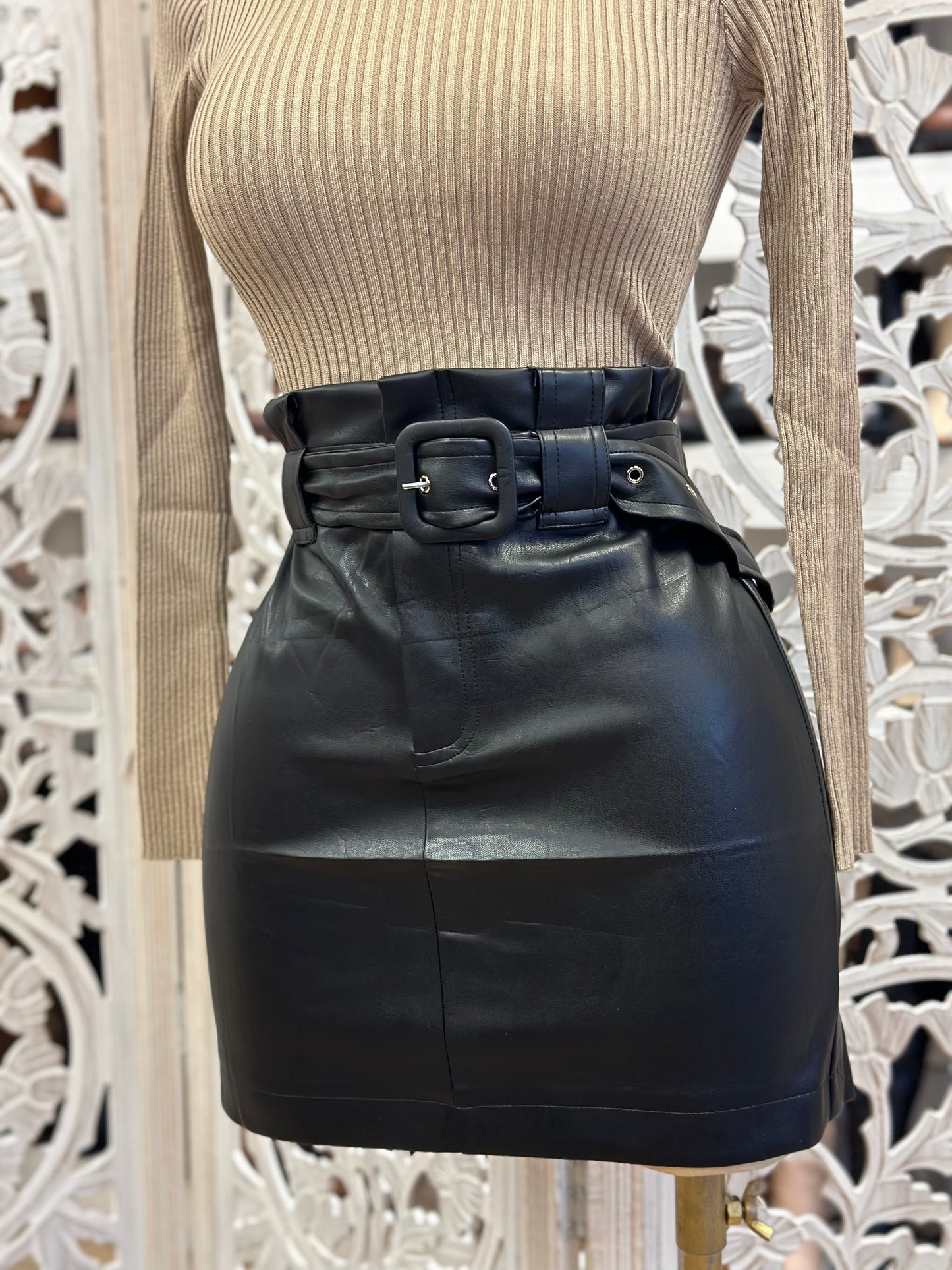 Black Faux Leather Skirt With Bel