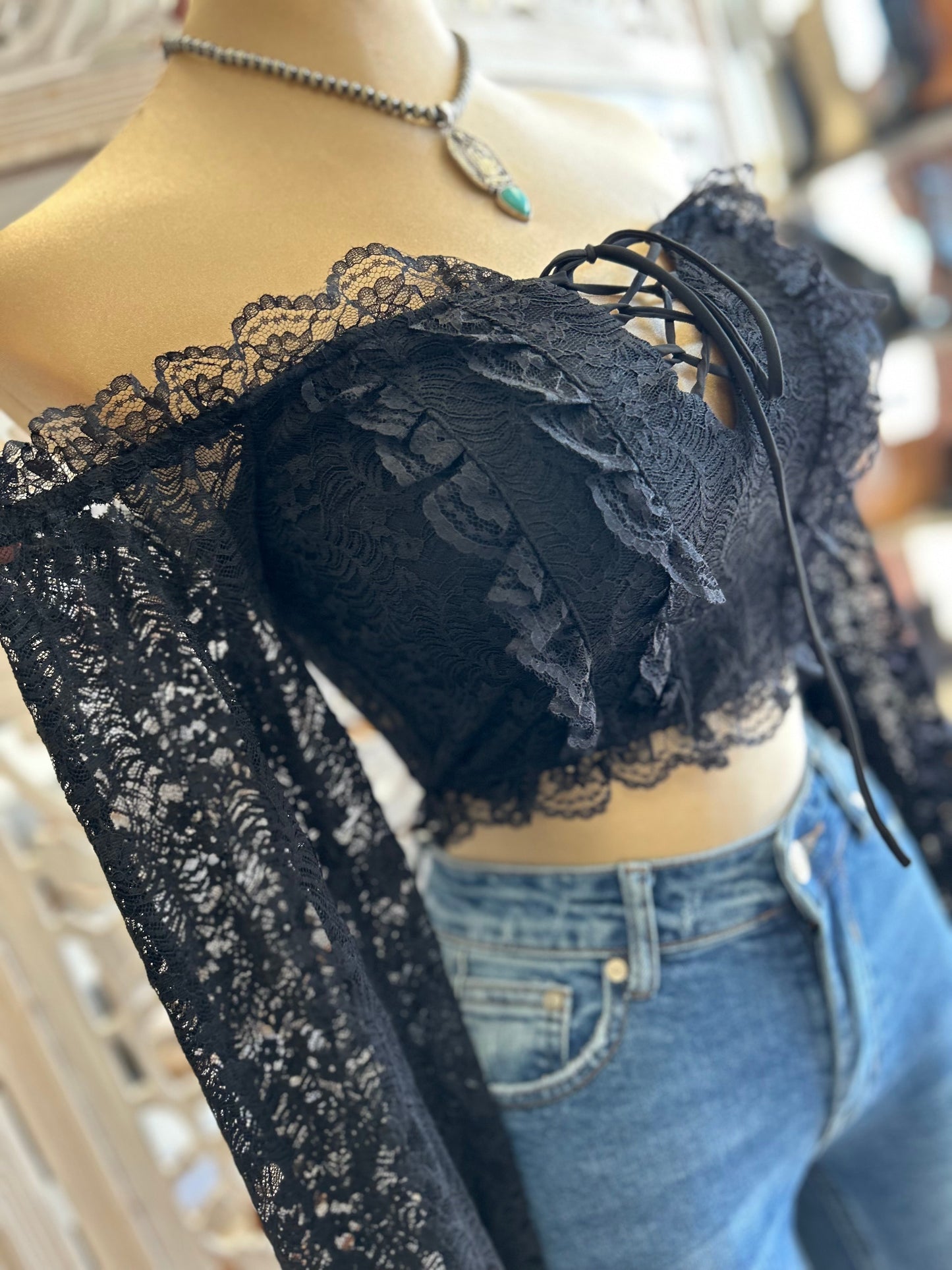 Black Lace Tie Up Off Shoulder Crop