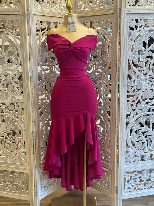 Off Shoulder Ruffle Draped Dress Magenta