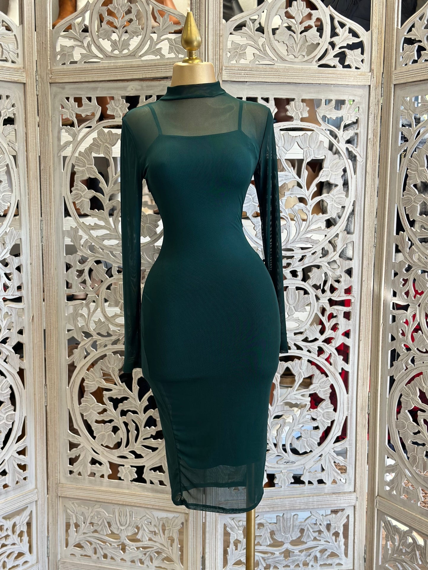 Green Mesh Mock Neck Midi Dress