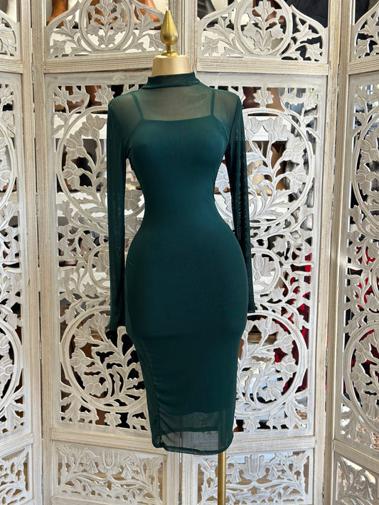 Green Mesh Mock Neck Midi Dress