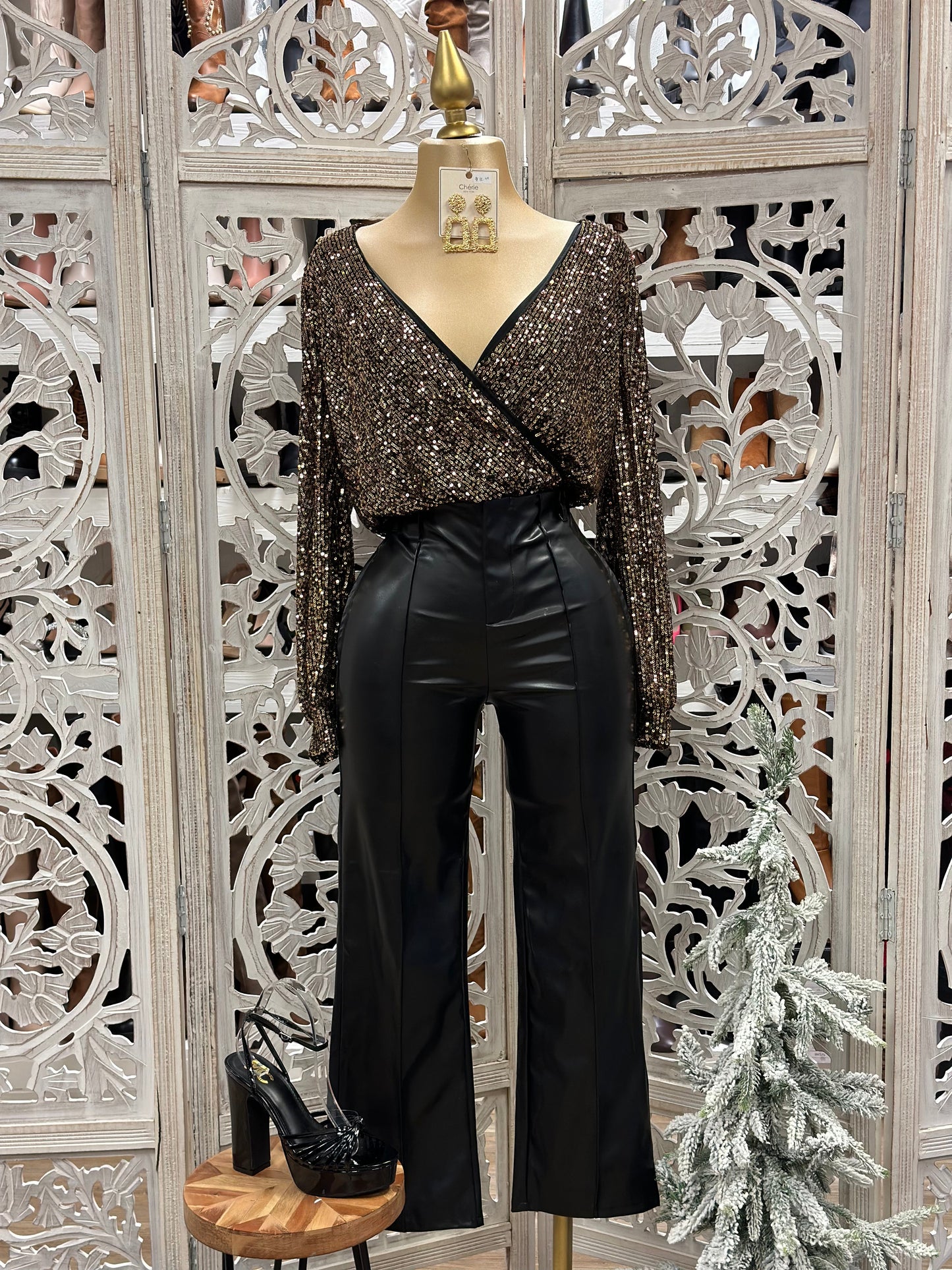 Gold and Black Wrapped Sequin Blouse