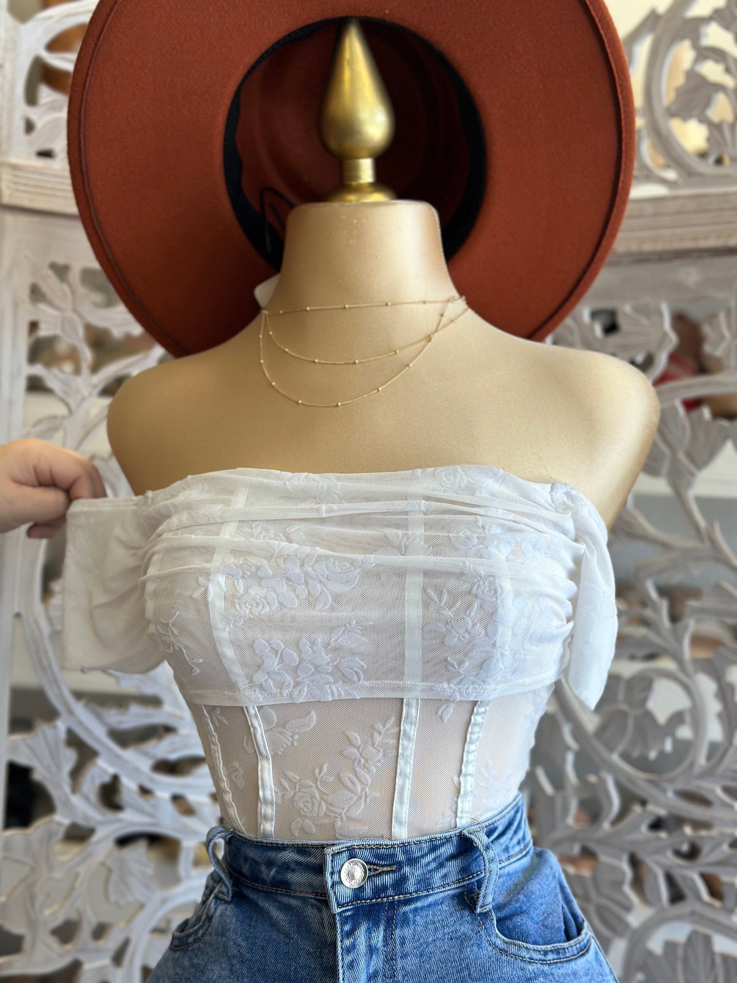 White Corset Mesh Off Shoulder Top- Stretchy