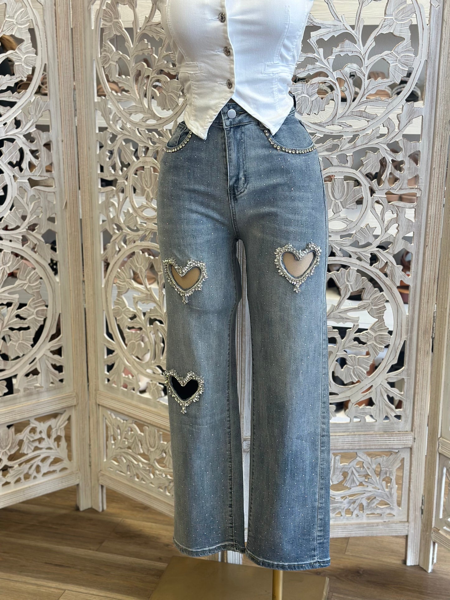 Heart Cutout Rhinestone Jeans- Stretchy