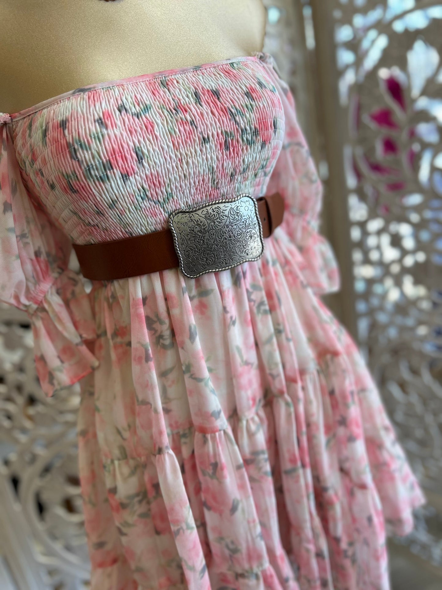 Pink Off Shoulder Floral Smocked Dress- Stretchy