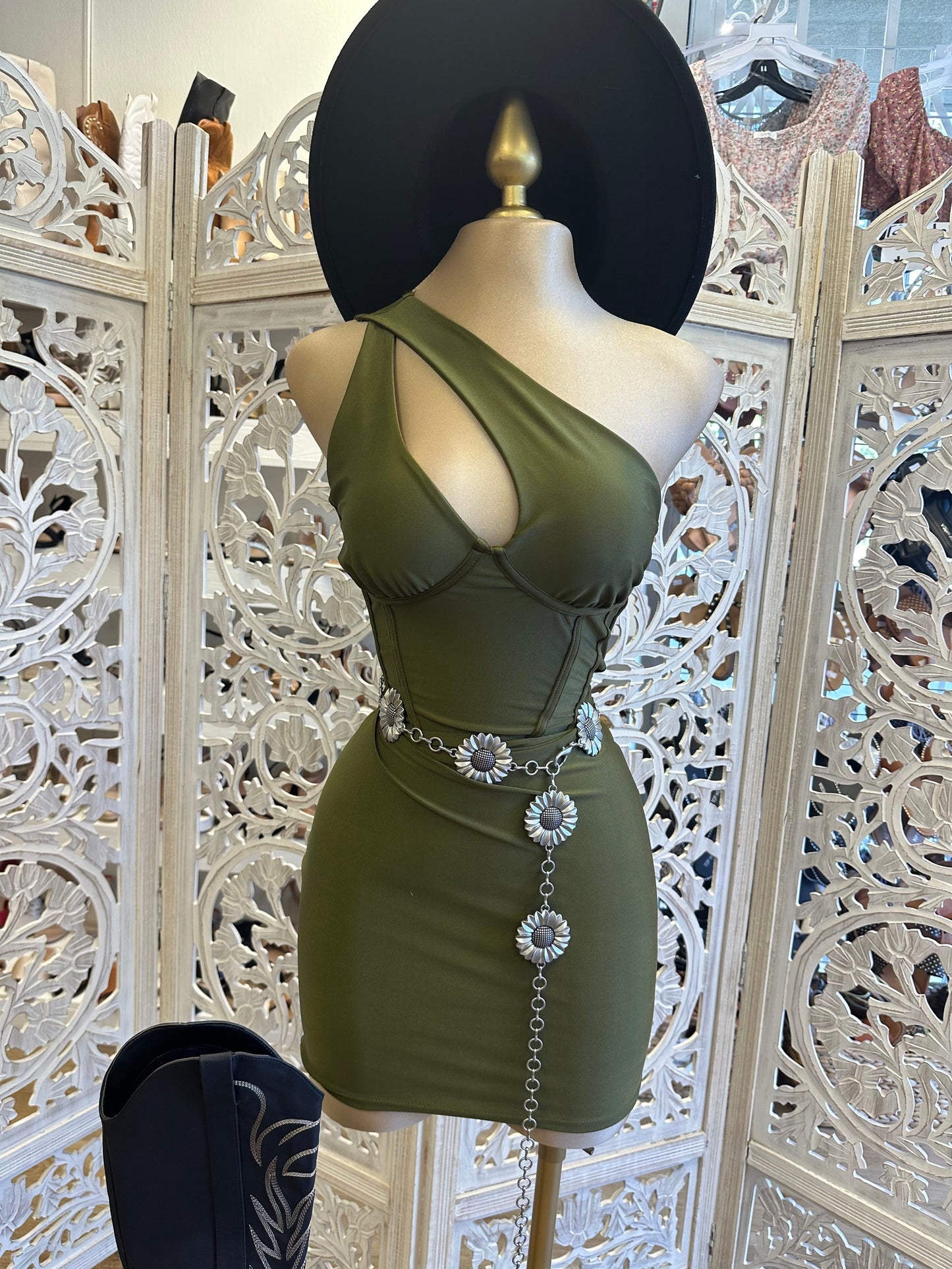 Cutout One Sleeve Olive Corset Dress