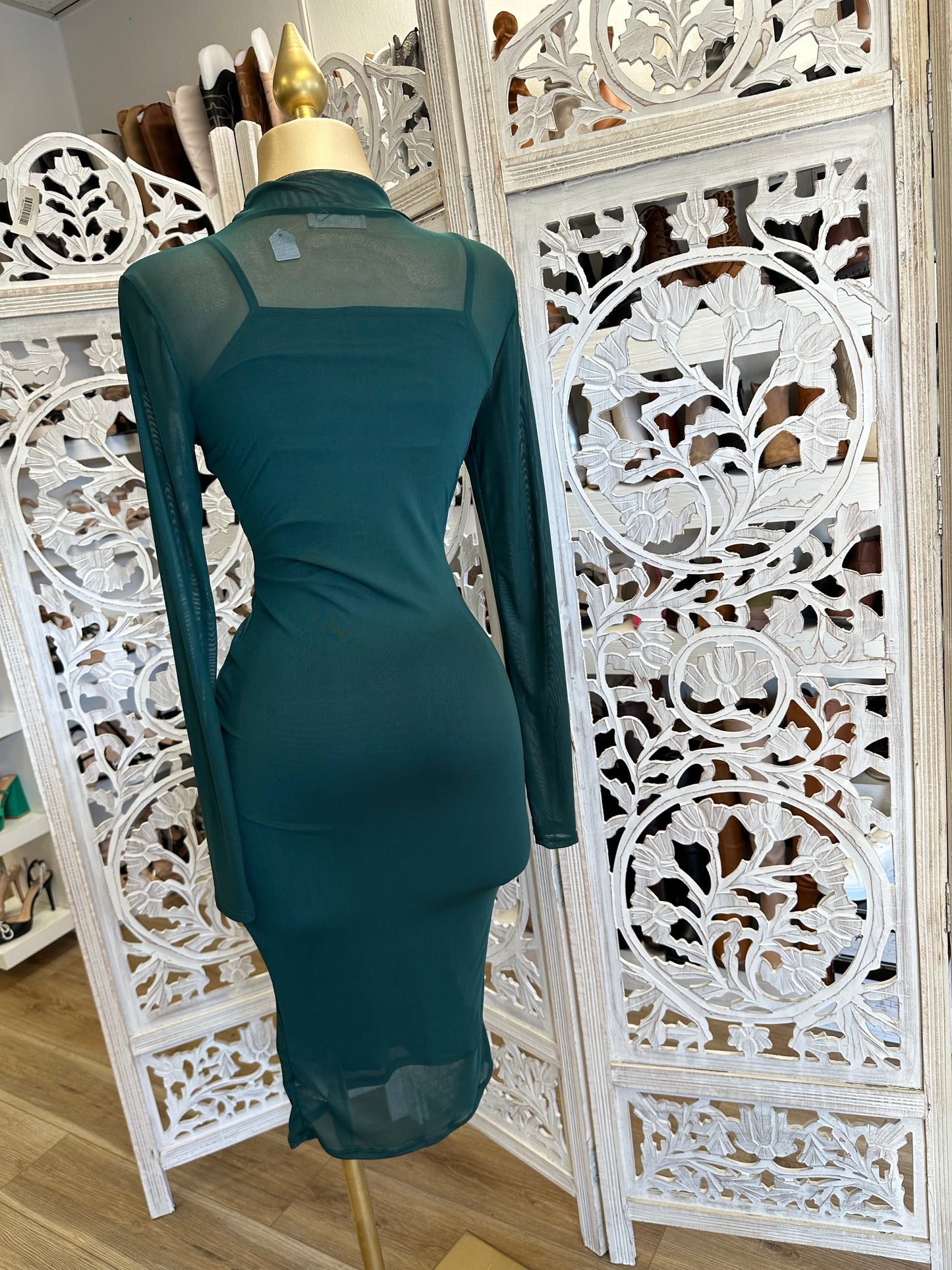 Green Mesh Mock Neck Midi Dress