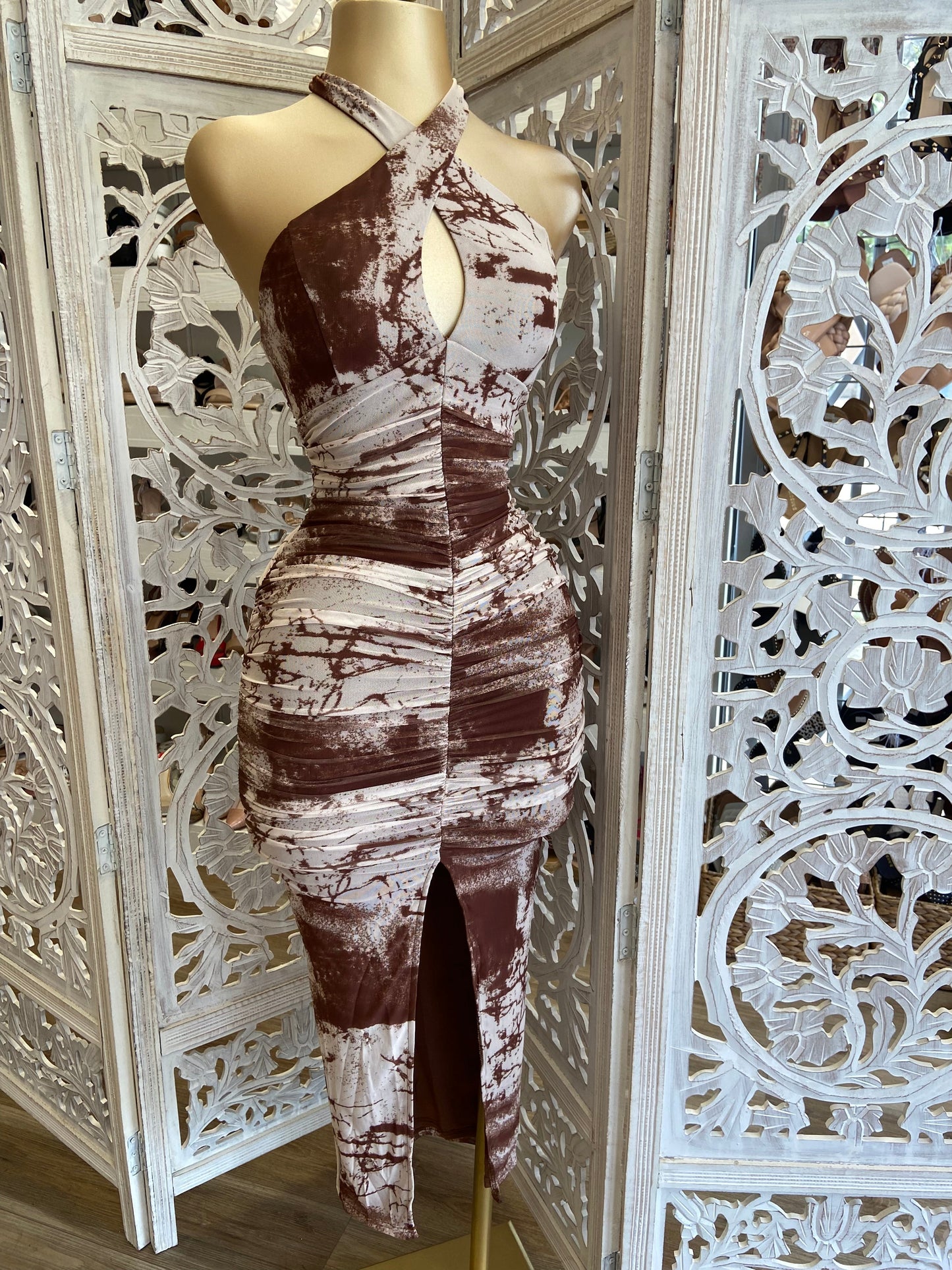 Brown Print Crossed Dress