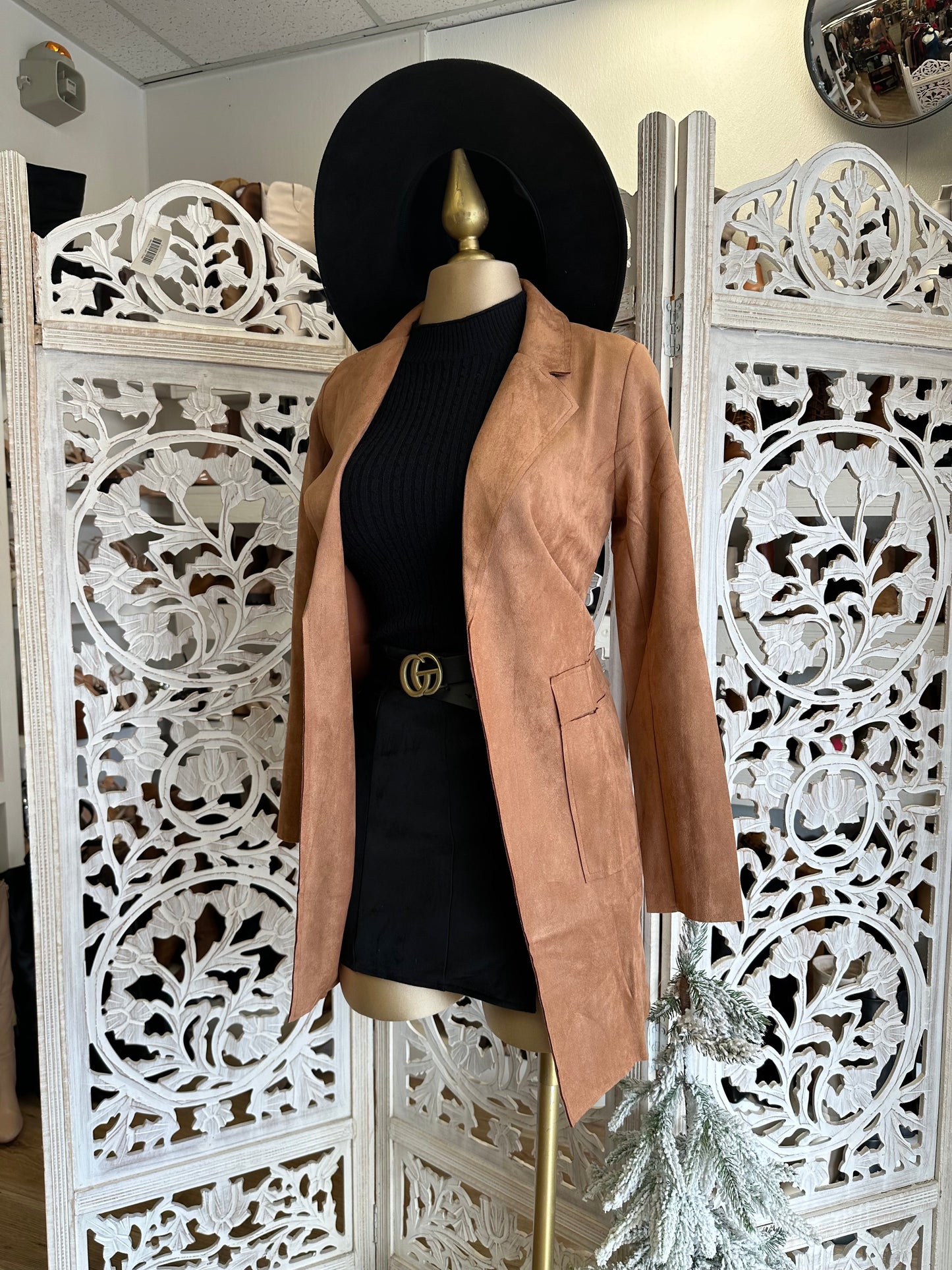 Brown Suede Blazer Coat with Side Pockets