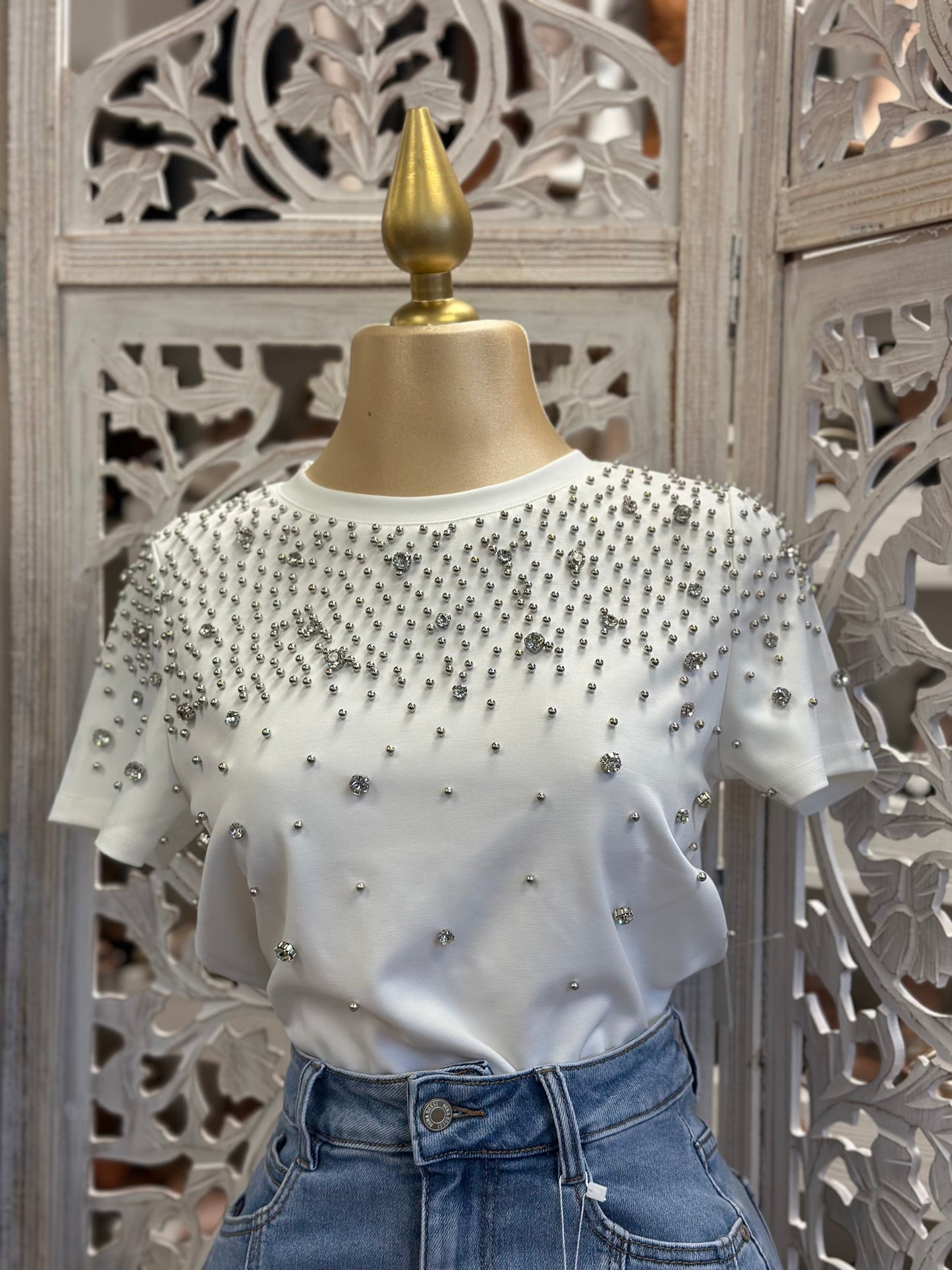 White Rhinestone Shirt- Stretchy