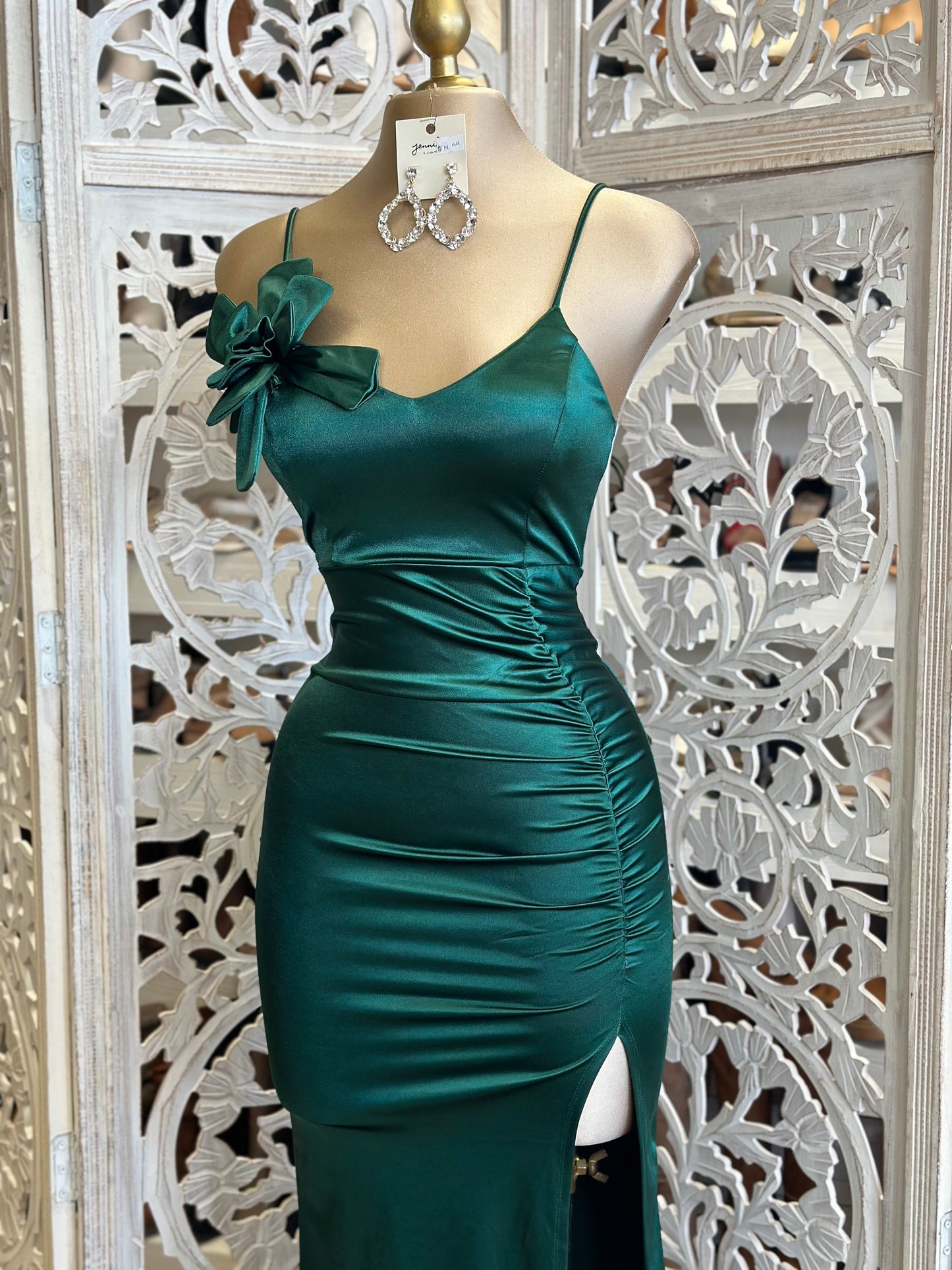 Dark Green Formal Flower Detail Dress- Stretchy