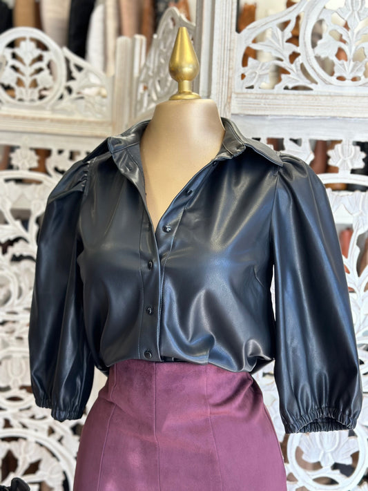 Faux Leather Puff Sleeve Blouse