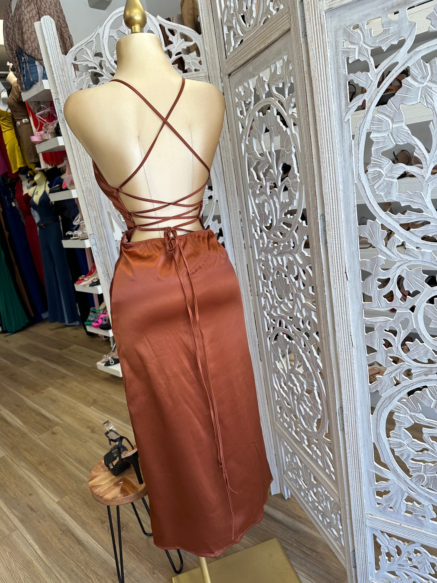 Coffee Brown Satin Tie Back Dress