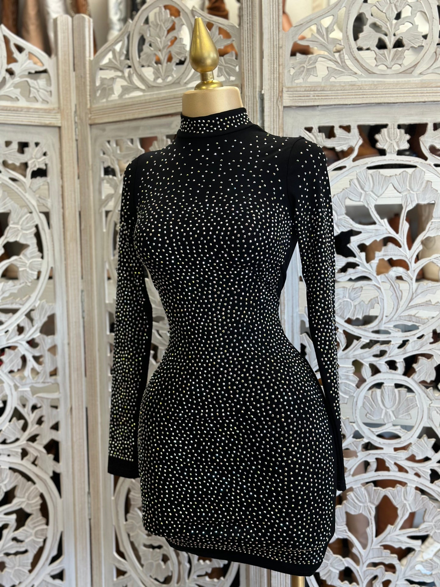 Black Rhinestone Mock Neck Mini Dress