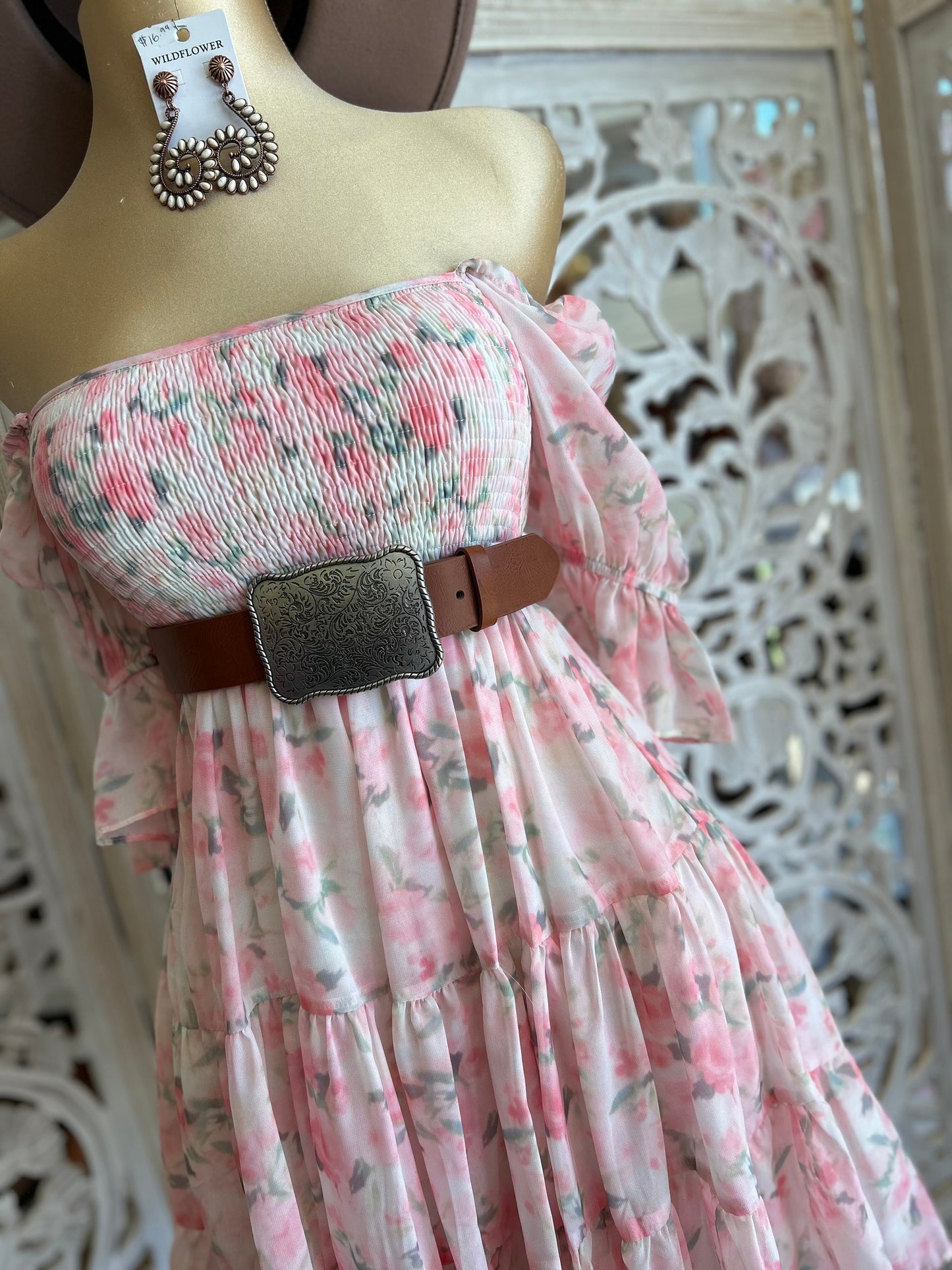 Pink Off Shoulder Floral Smocked Dress- Stretchy