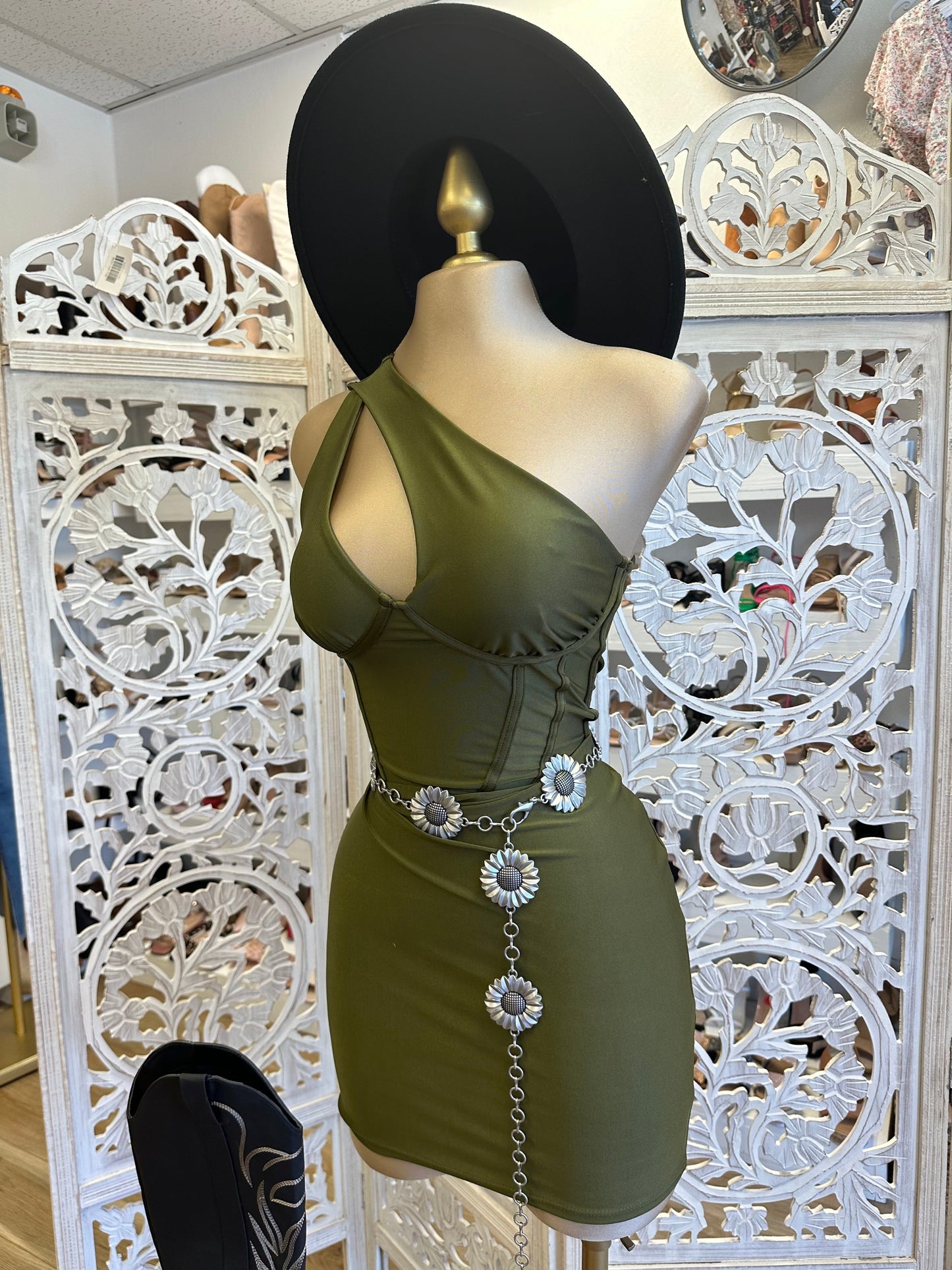 Cutout One Sleeve Olive Corset Dress