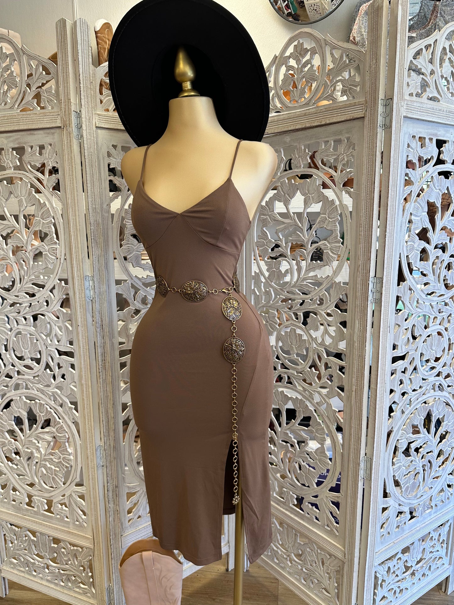 Brown Triangle Slit Midi Dress