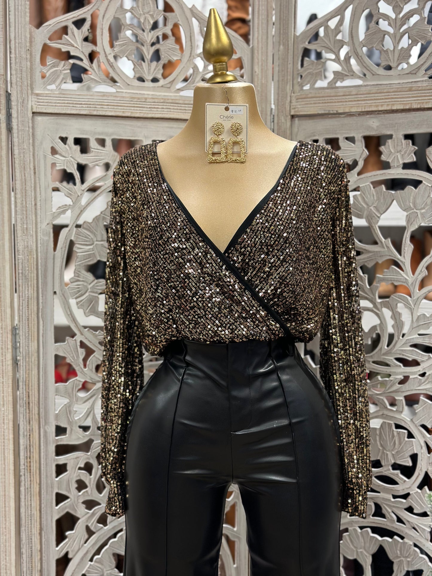 Gold and Black Wrapped Sequin Blouse