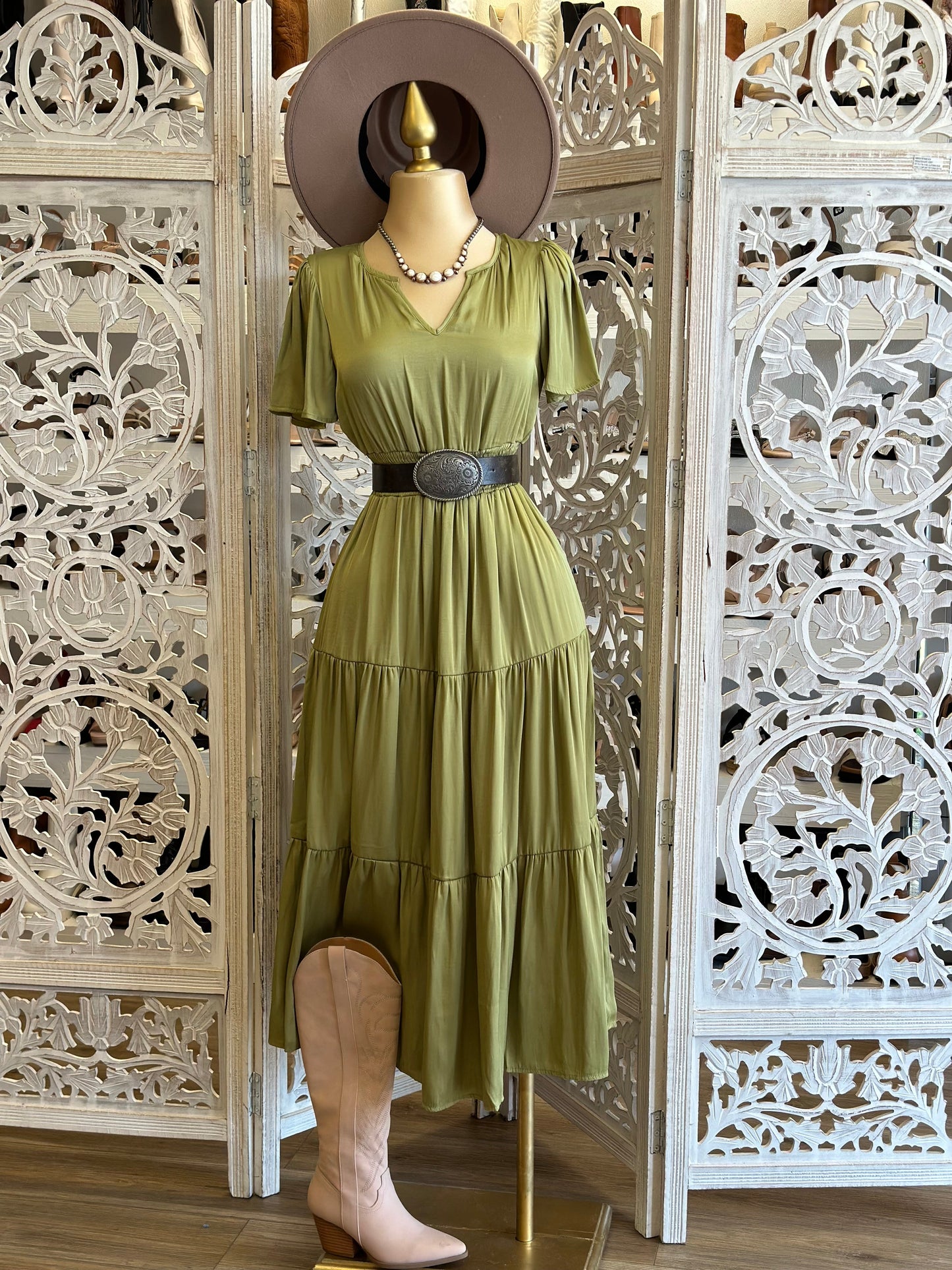 Olive Short Sleeve Maxi Dress- Stretchy