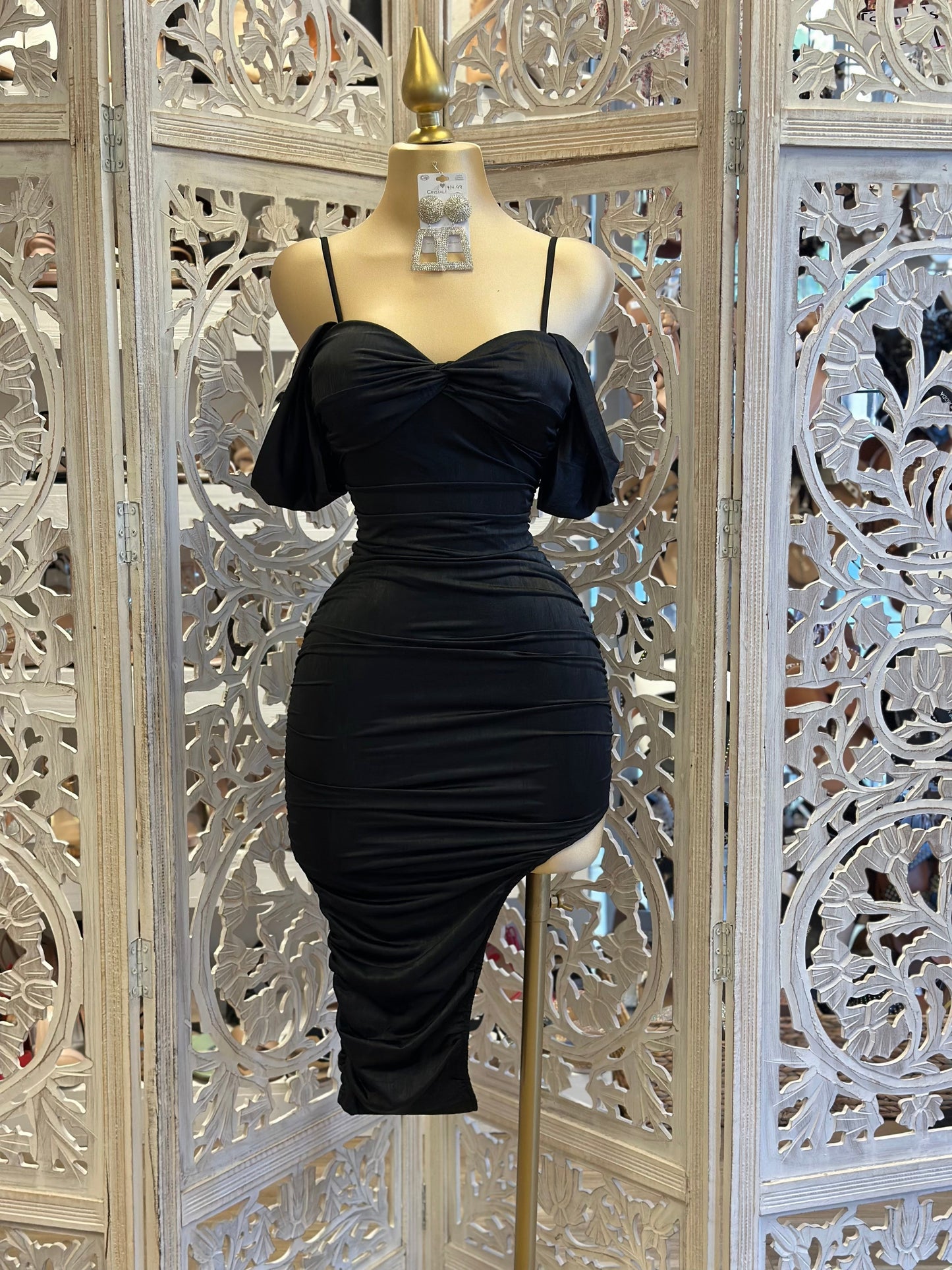 Black Side Slit Ruched Dress