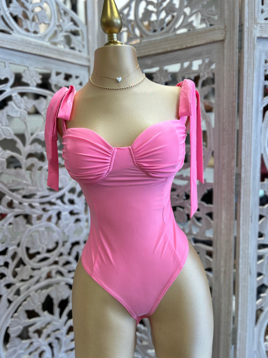 Cotton Pink Ribbon Strap Bodysuit- Stretchy