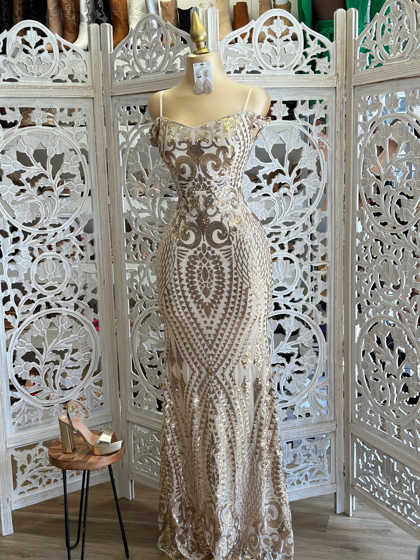 Gold and White Sequin Design Gown