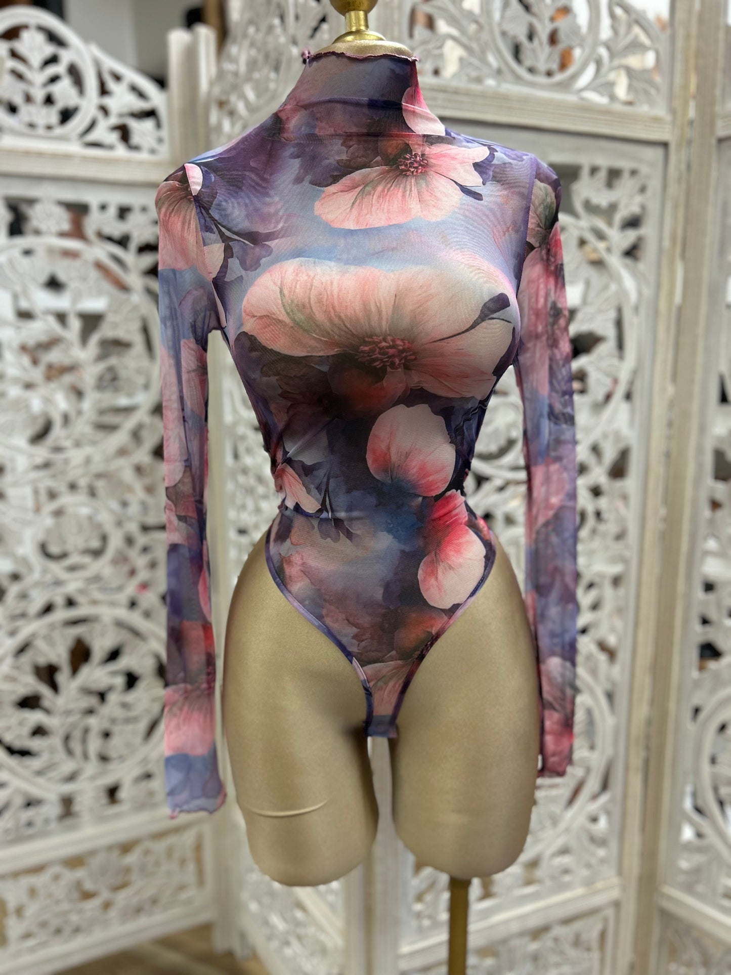 Purple Floral Print Mock Neck Bodysuit- Stretchy