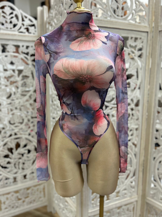 Purple Floral Print Mock Neck Bodysuit- Stretchy