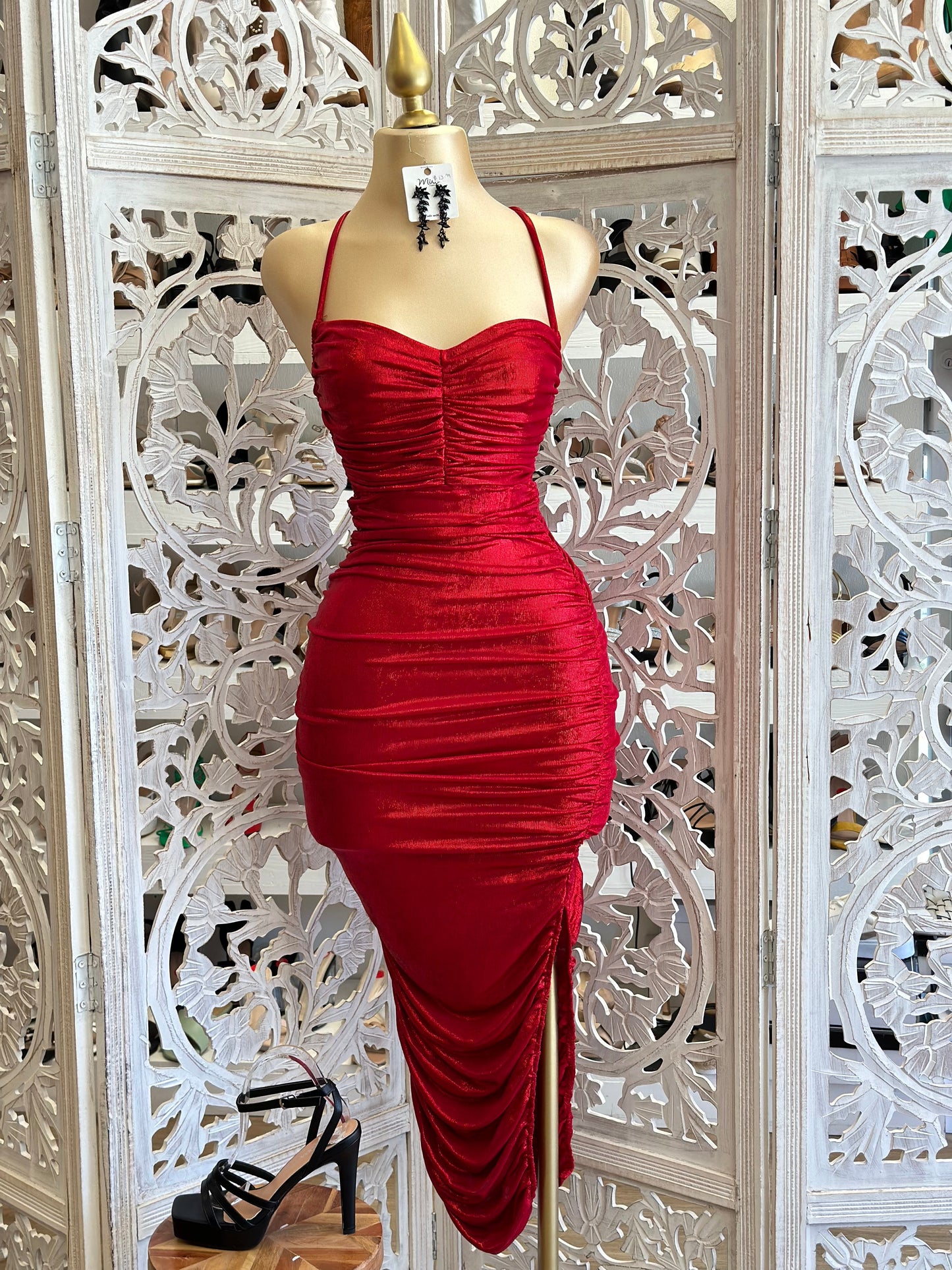 Red Ruched Midi Tie Back Dress