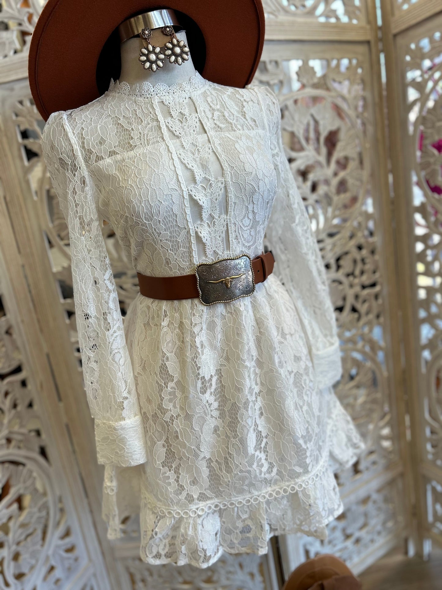 Mock Neck Flowy Lace Dress-  Not Stretchy