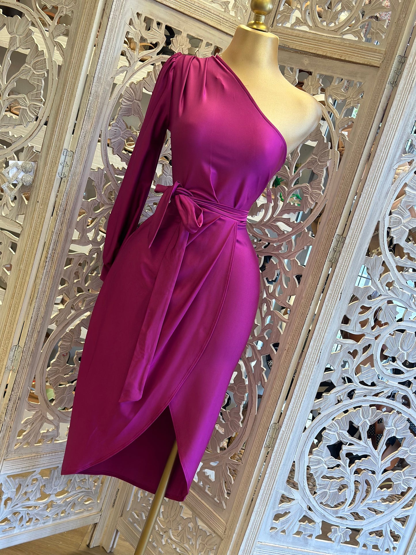 Draped Magenta One Sleeve Dress