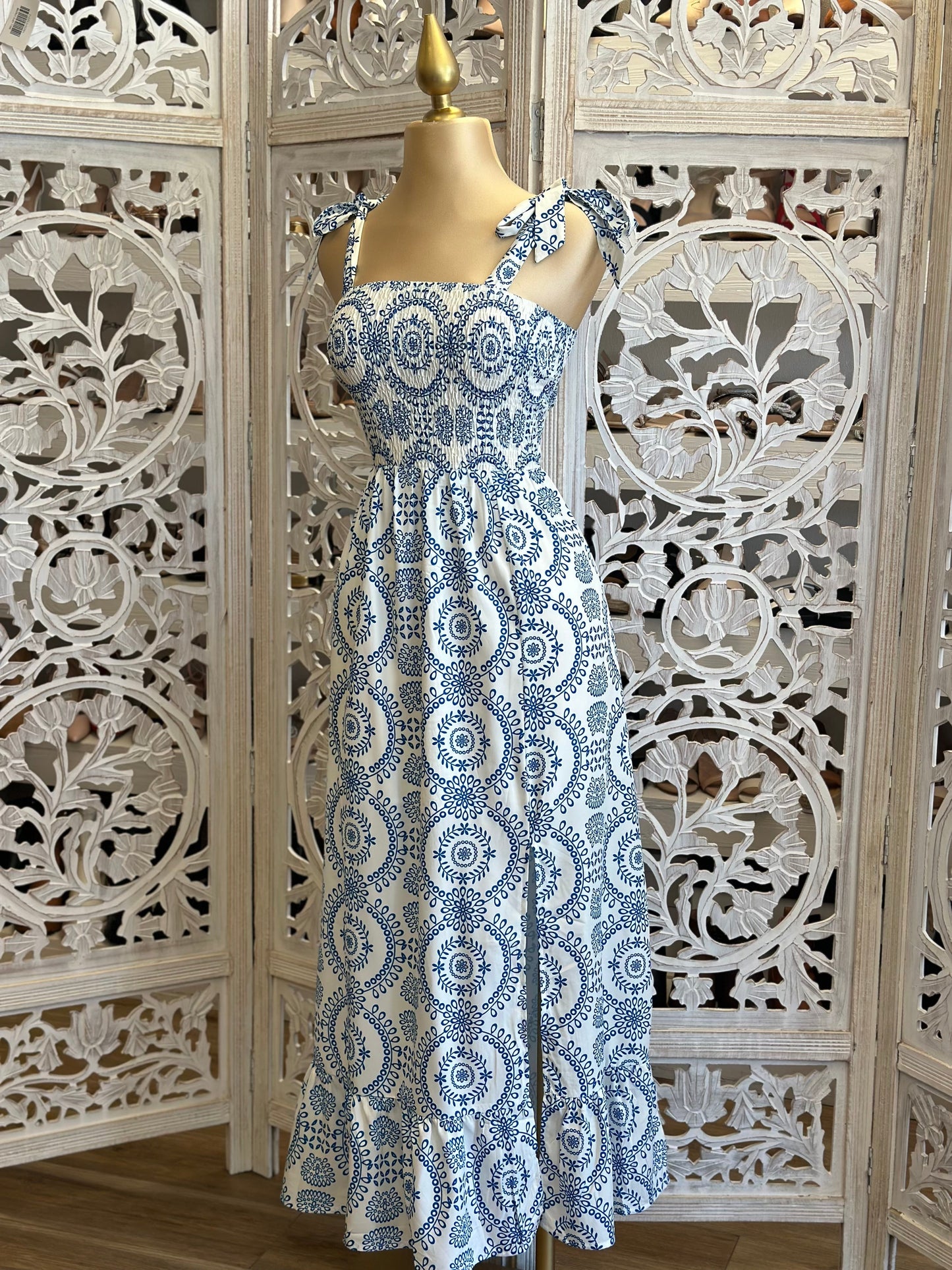 Bow Tie Strap Patterned Maxi Dress- Stretchy