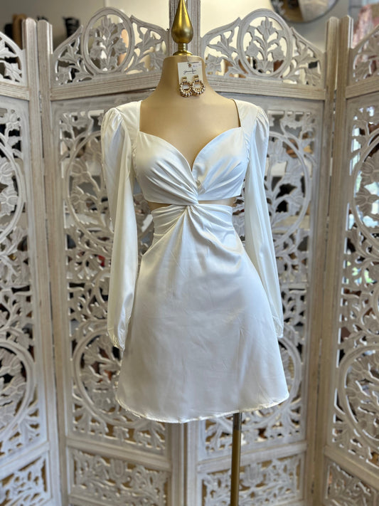 White Satin Cutout Knotted Dress- Slightly Stretchy