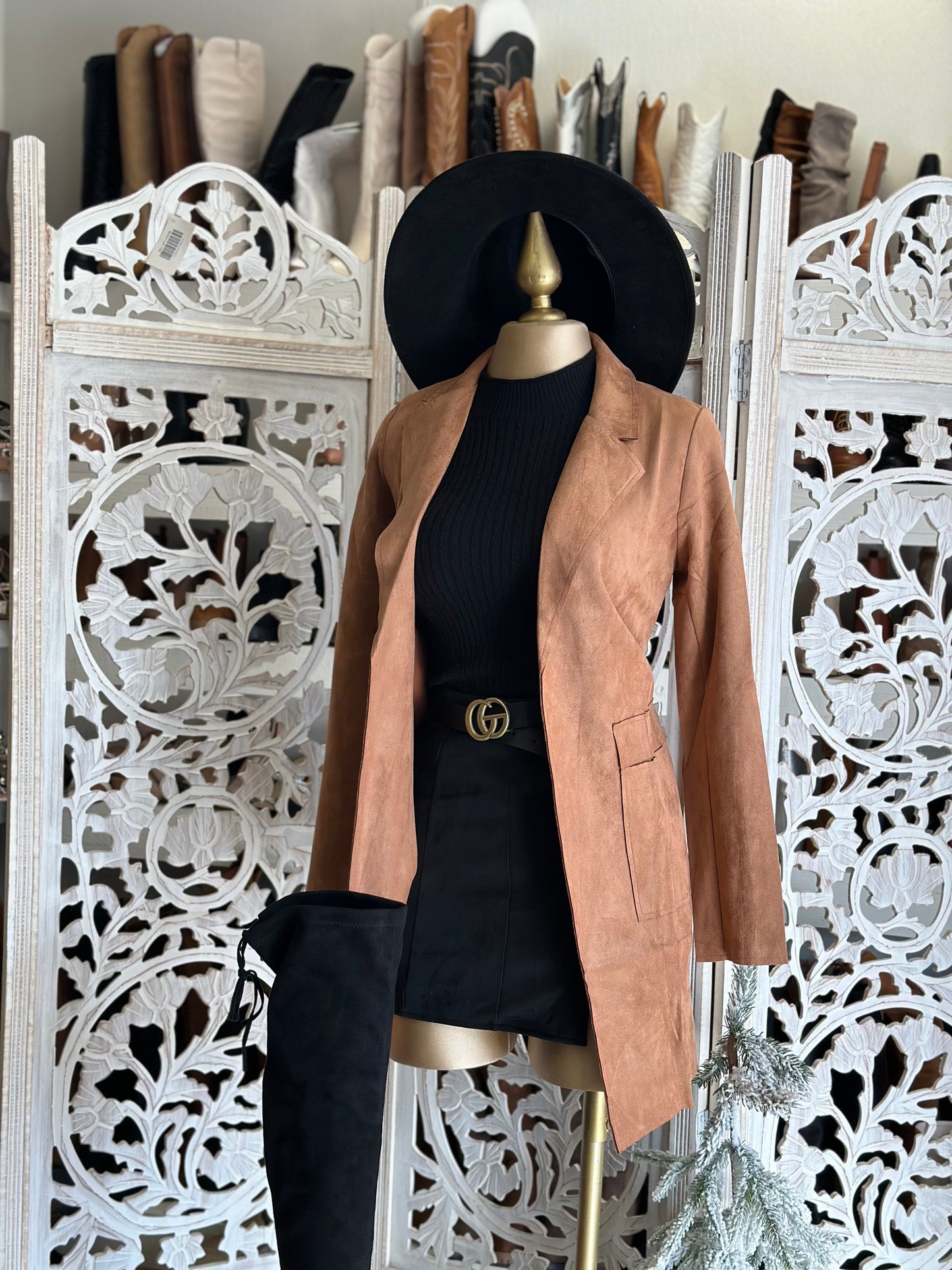 Brown Suede Blazer Coat with Side Pockets