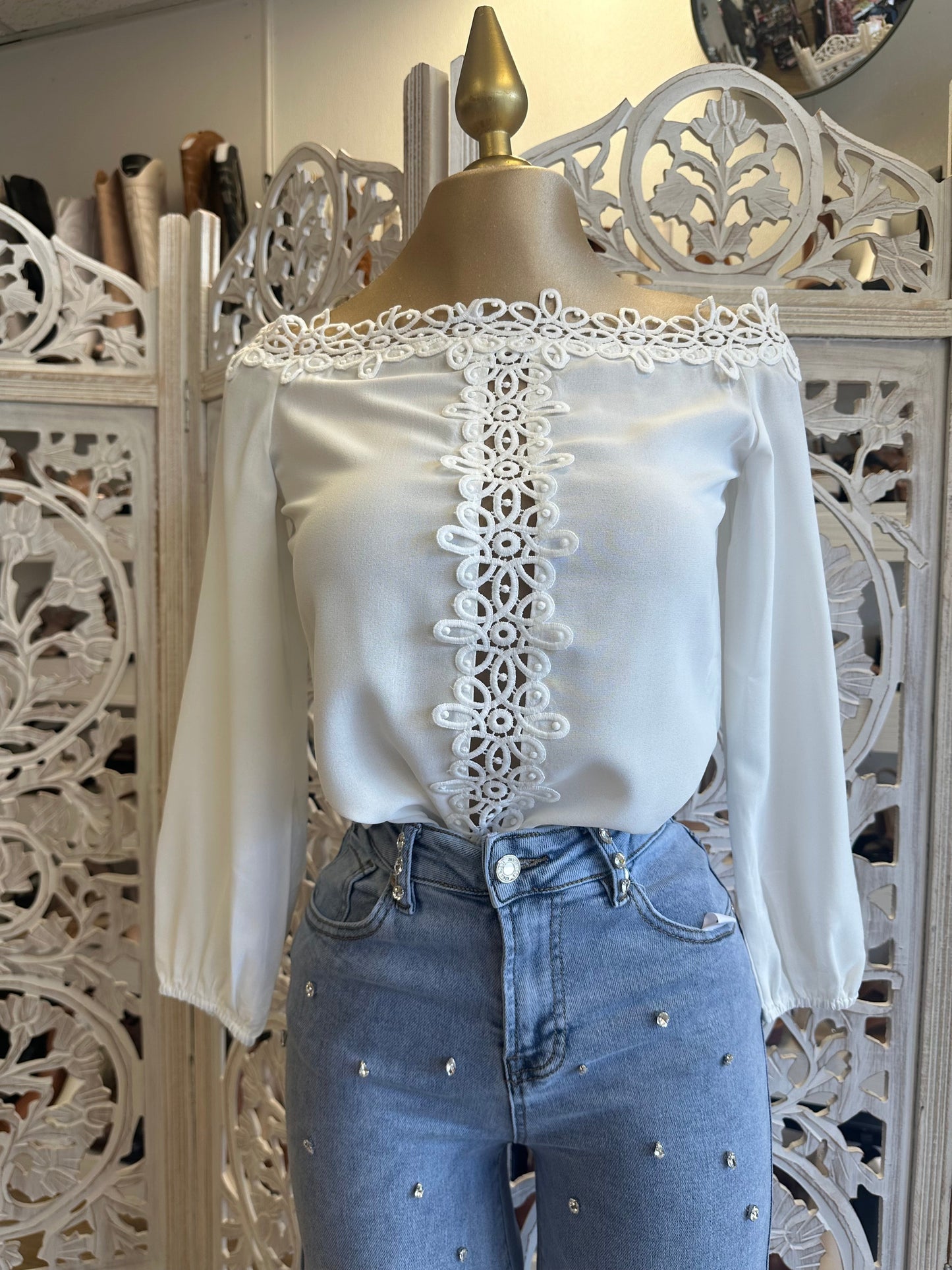 Off Shoulder Lace White Blouse - Not Stretchy