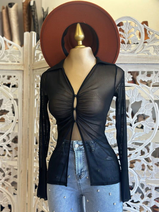 Sheer Black Button Split Top- Stretchy