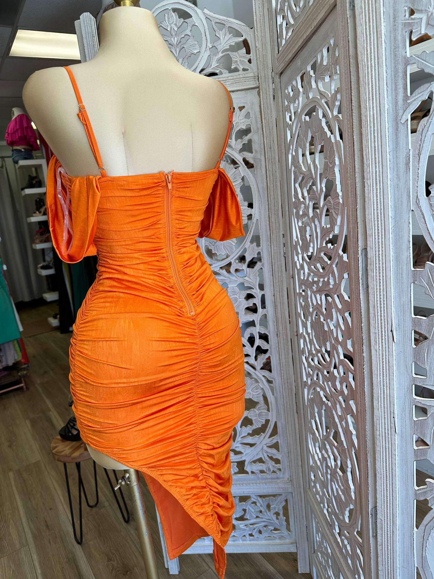 Orange Ruched Slit Cutout Dress