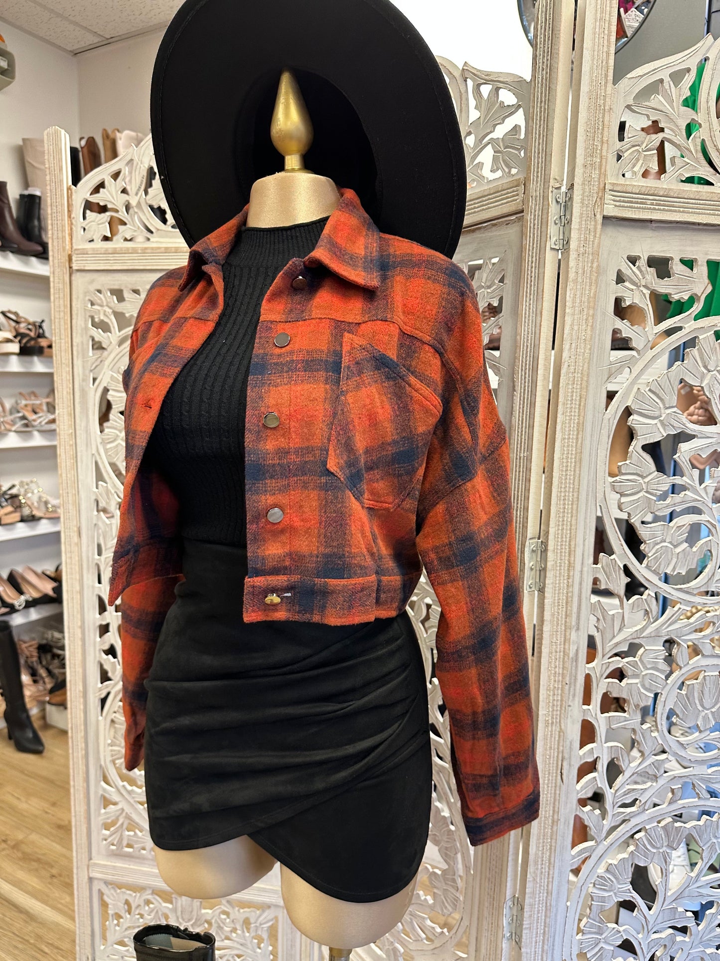 Cognac Cropped Plaid Jacket