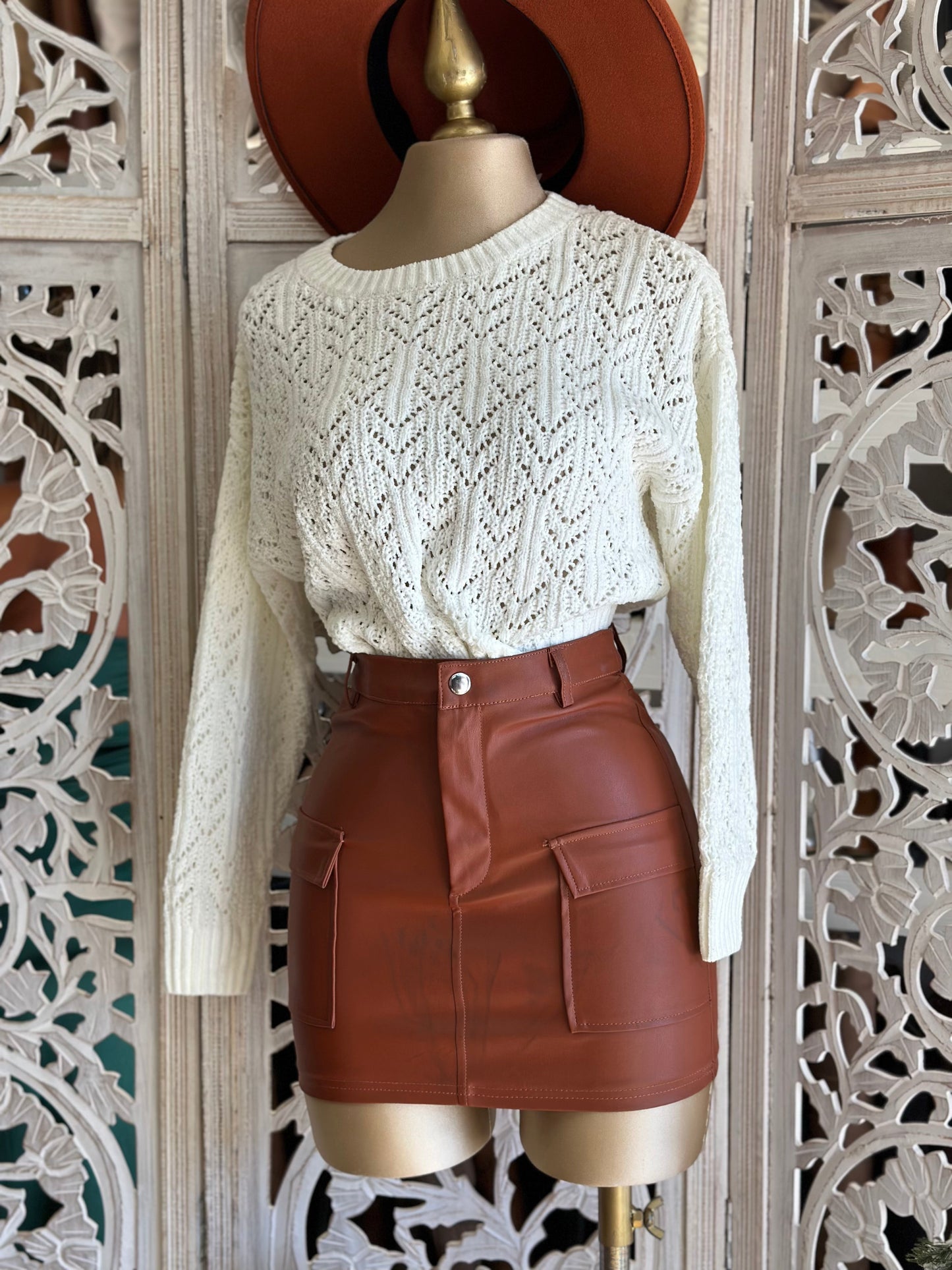 Brown Faux Leather Skirt with Pockets