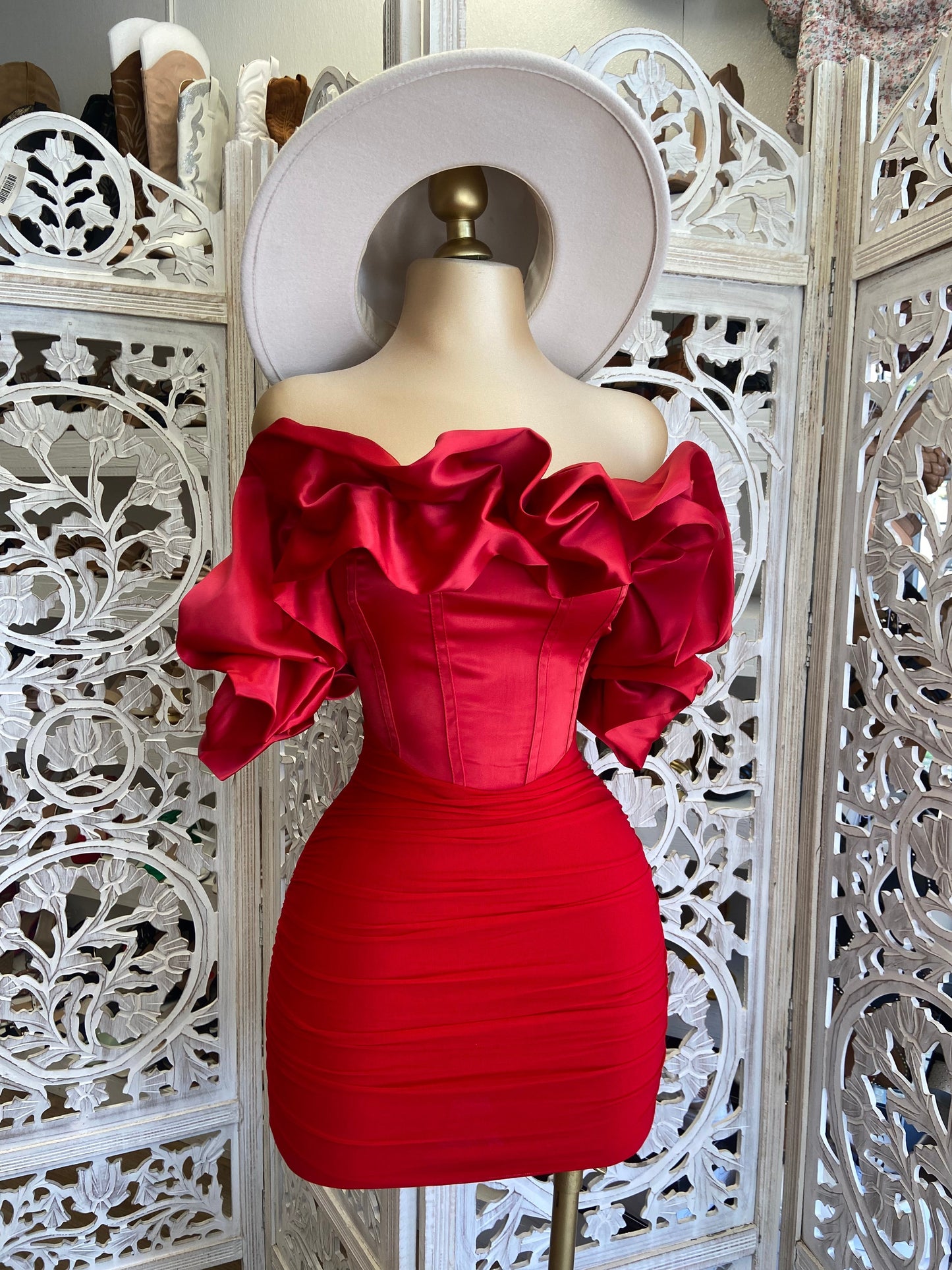 Red Satin Corset Puff Dress