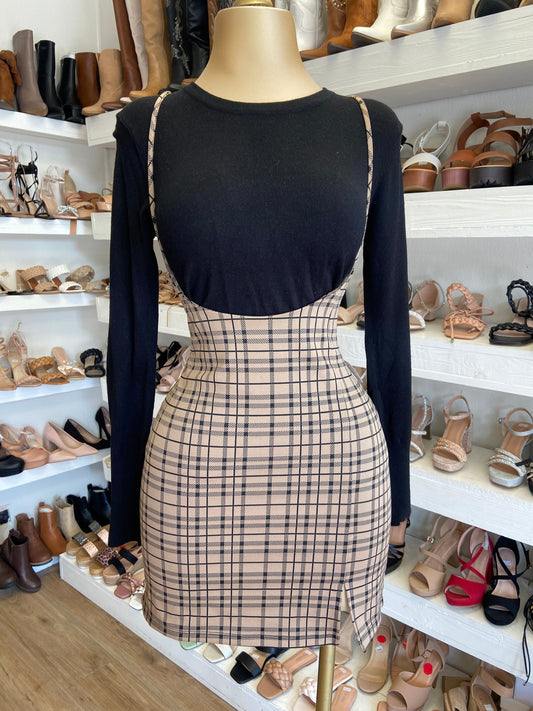 Camel Plaid Overall Skirt